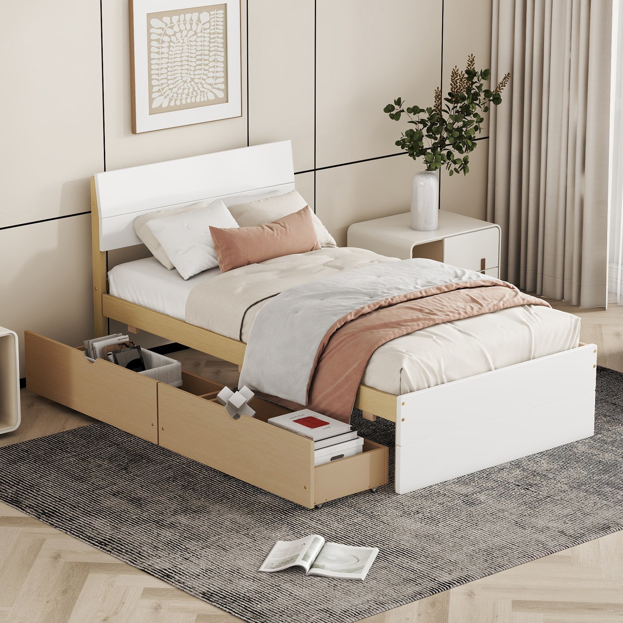 Modern Twin Bed Frame: White High Gloss, Light Oak, 2 Drawers