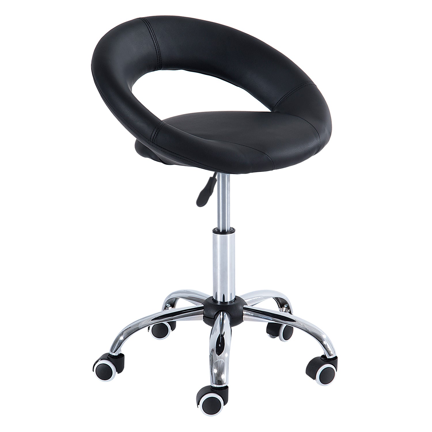 Black Crescent Rolling Salon Stool: Adj Height, Breathable Back