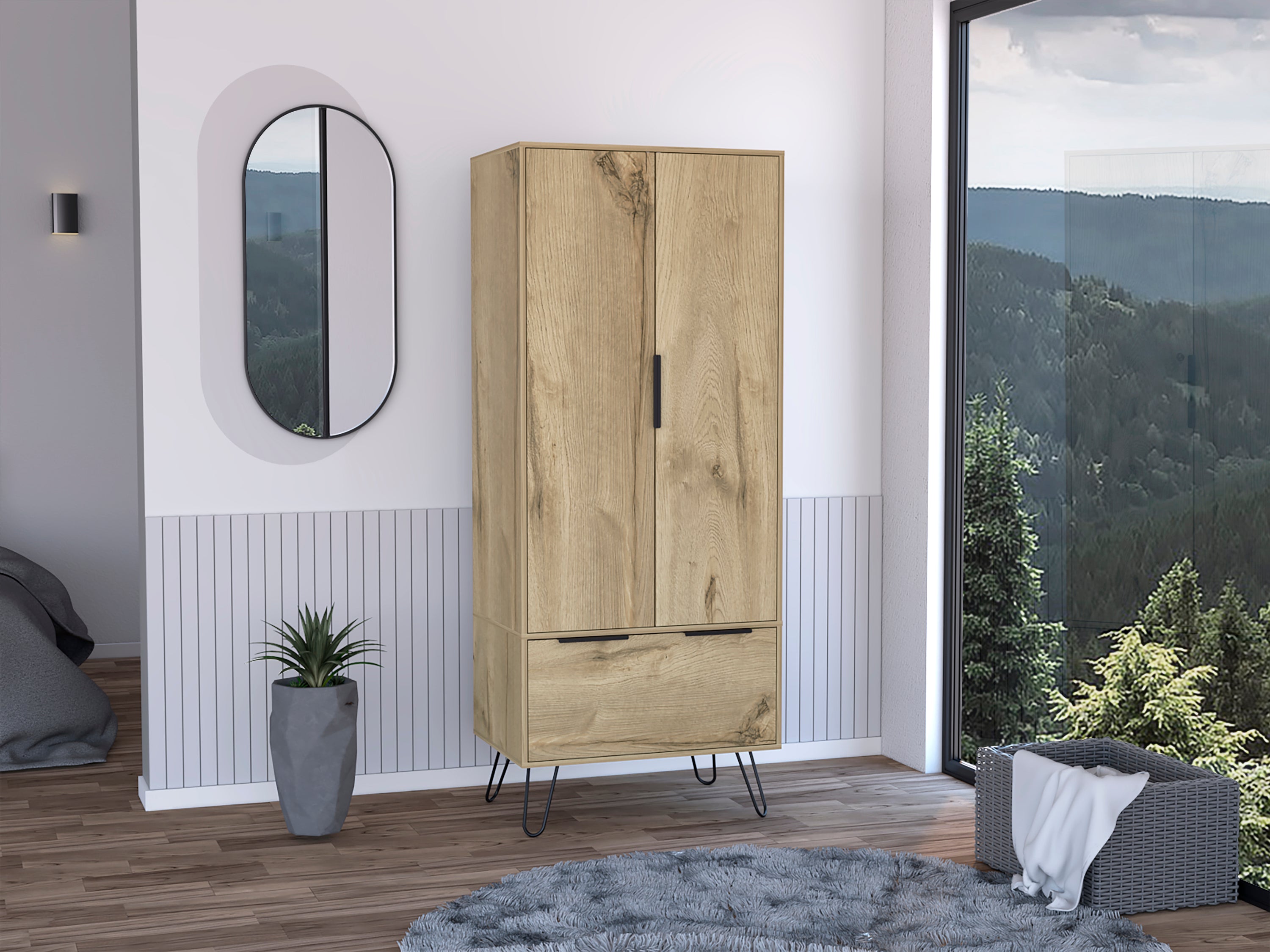 Light Oak Double Door Cabinet with Drawer, Hairpin Legs