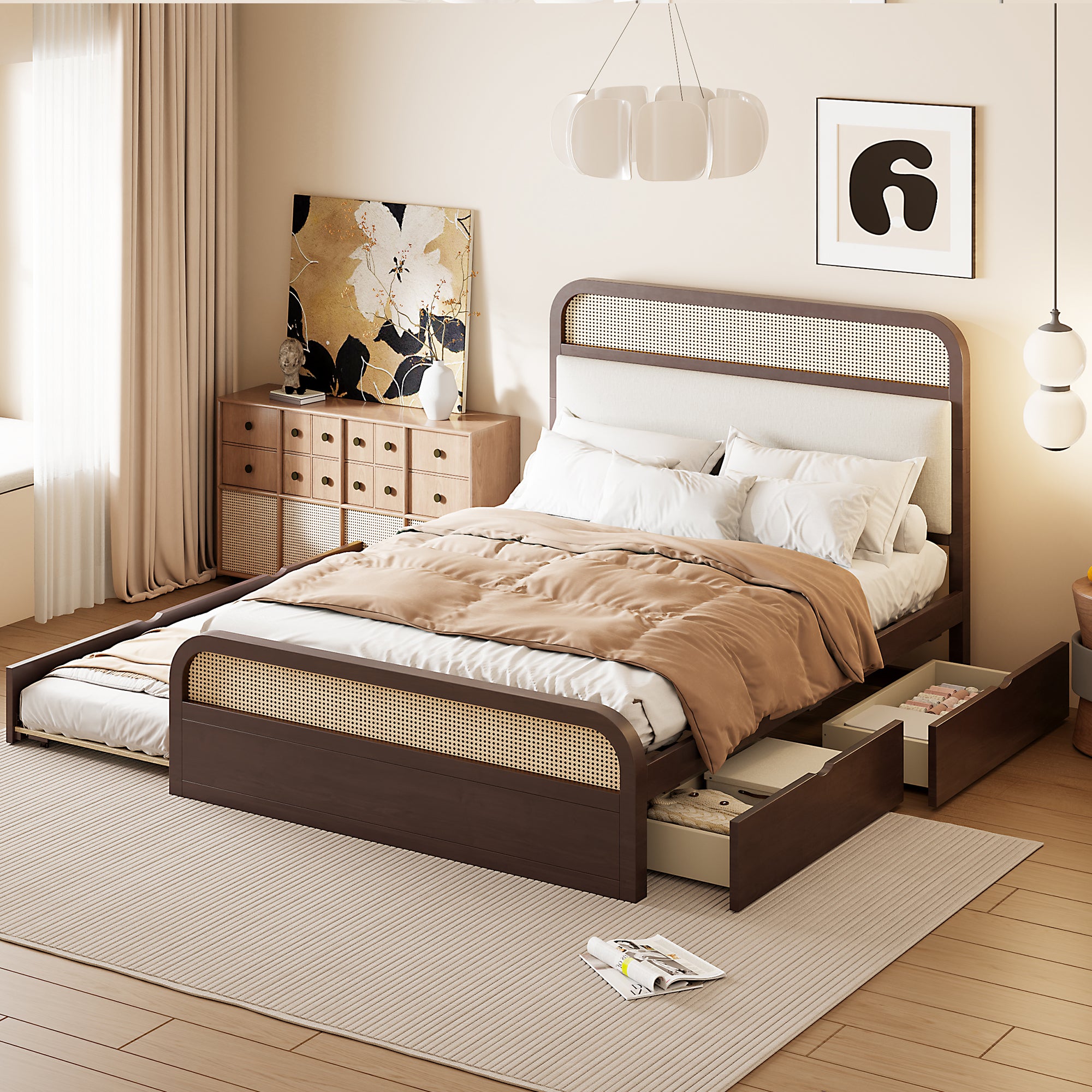 Queen Wooden Platform Bed with Trundle, 2 Drawers - Espresso Finish