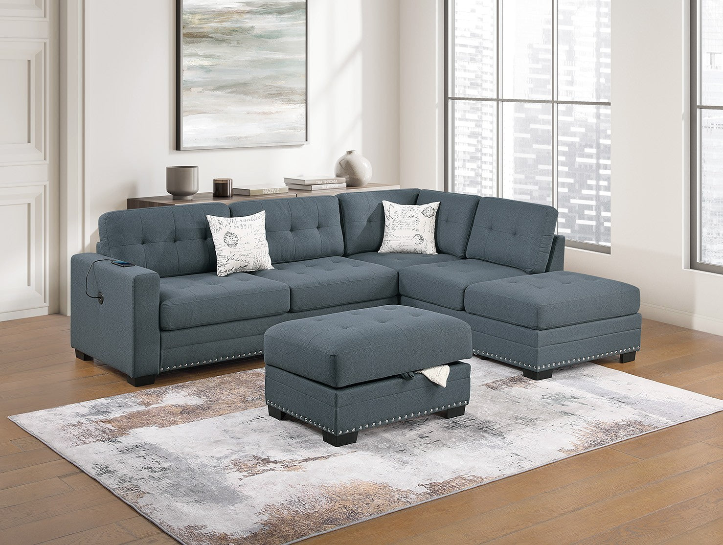 Dark Gray Tufted L-Shape Sectional Sofa w Ottoman