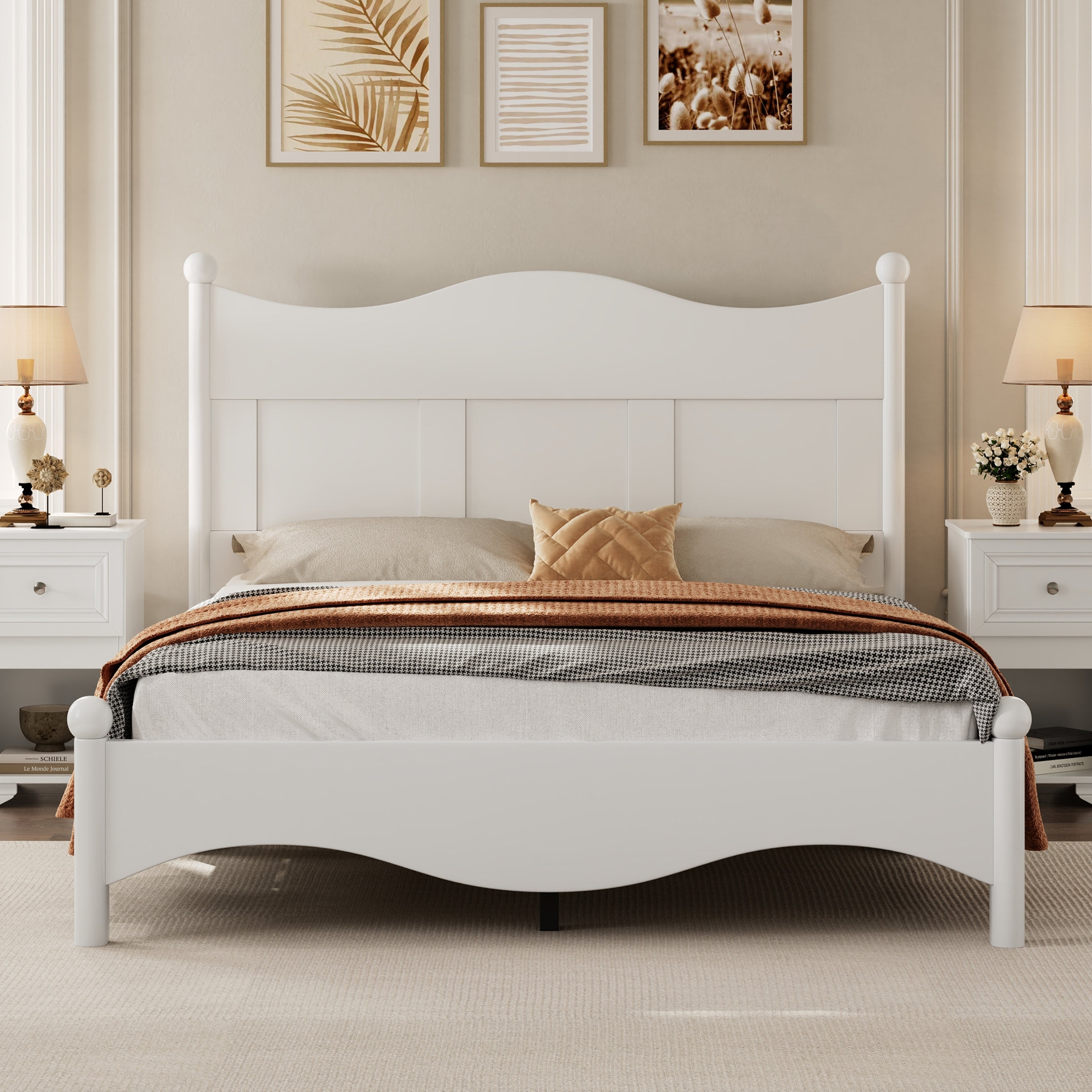 Elegant White Queen Wood Platform Bed Frame with Slat Support