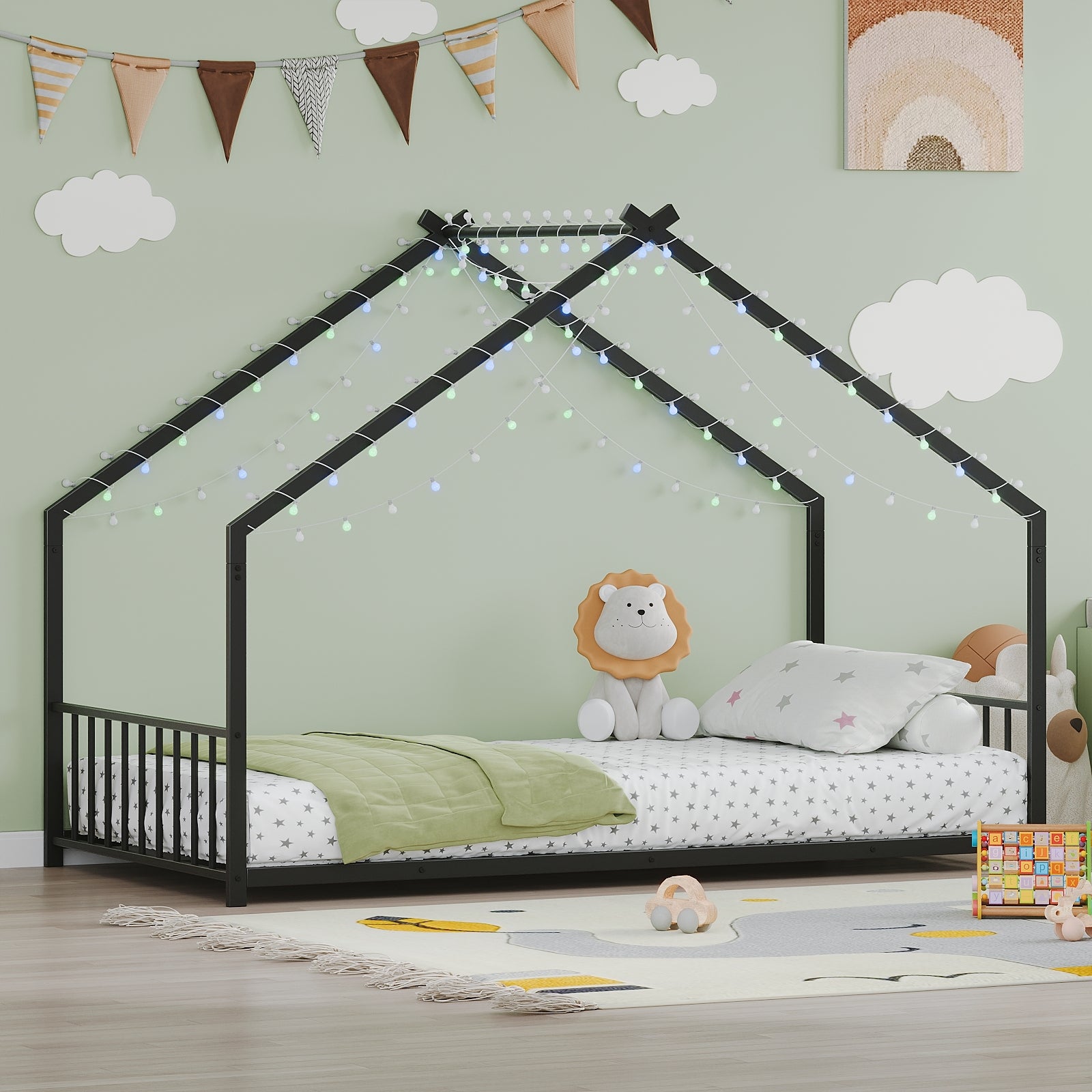 Black Twin Iron Kids Bed Frame with LED Light Strips, Roof Design