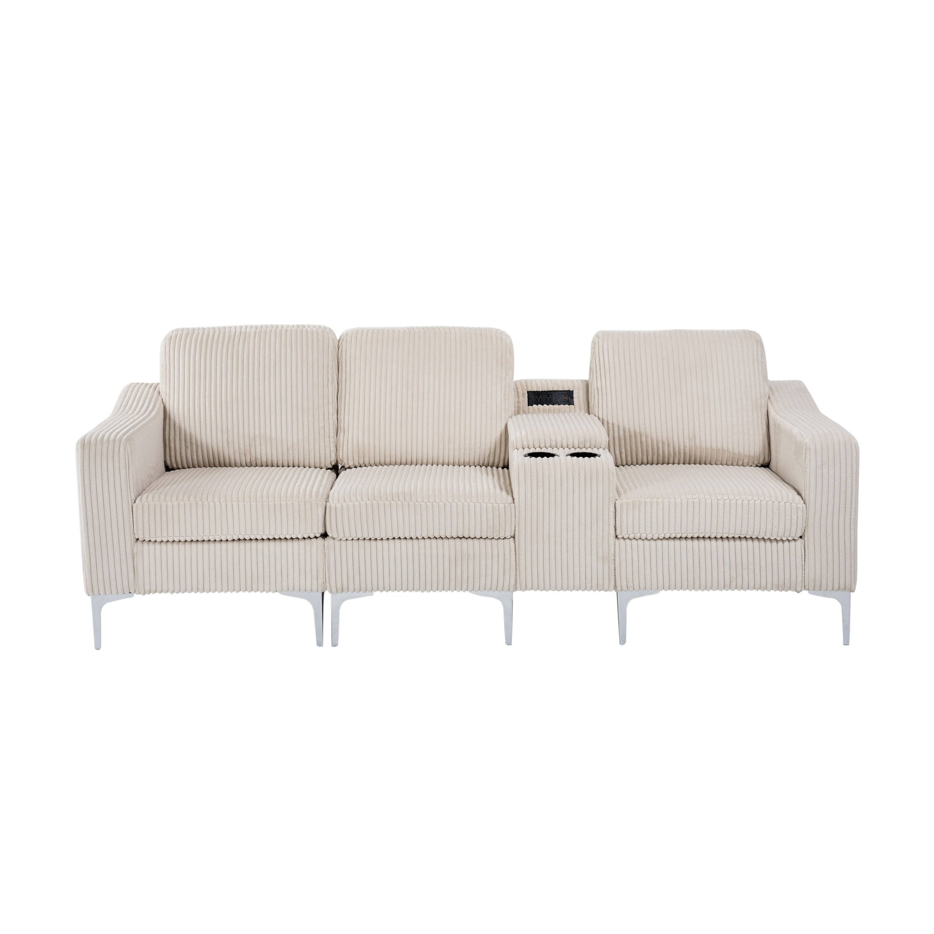 Beige Corduroy Convertible Sectional Sofa w/ USB & Cupholders