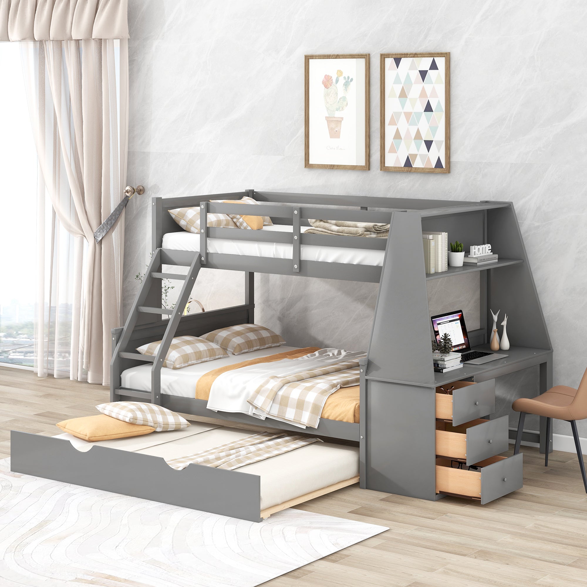 Gray Twin over Full Bunk Bed with Trundle, Desk & Storage