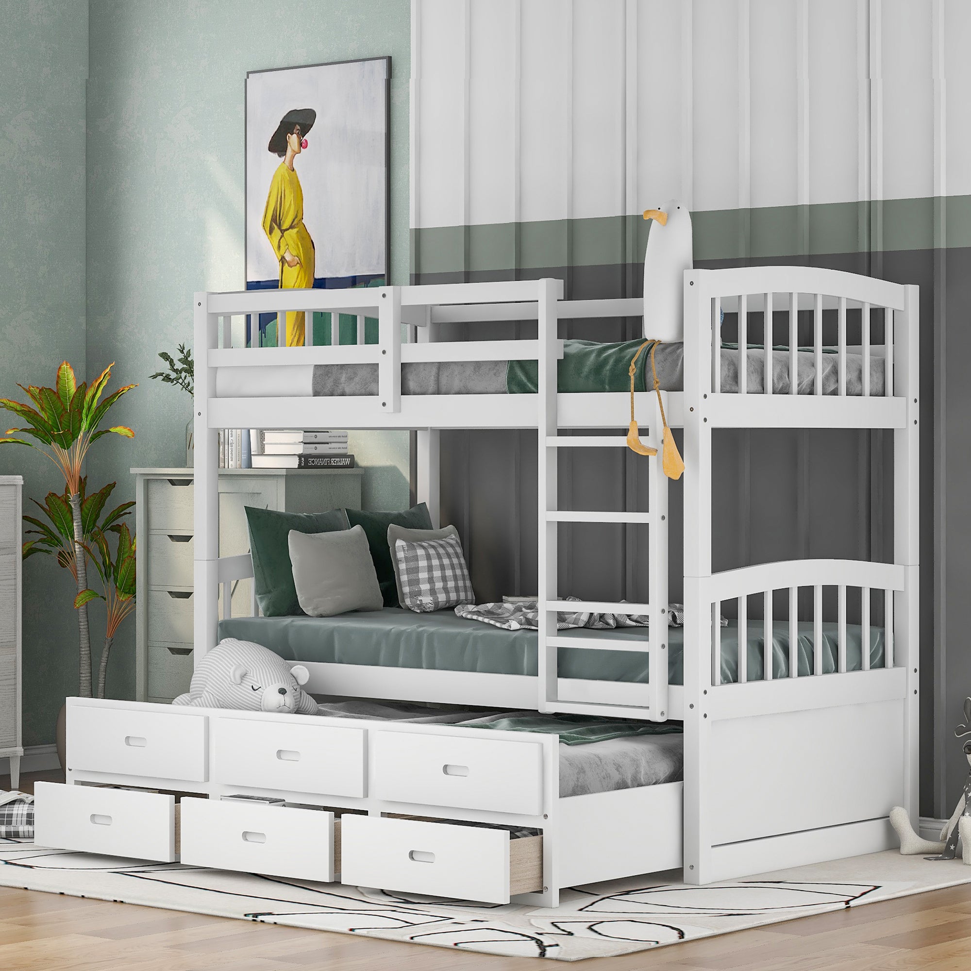 White Twin Bunk Bed with Trundle & Storage Drawers | Wood Frame