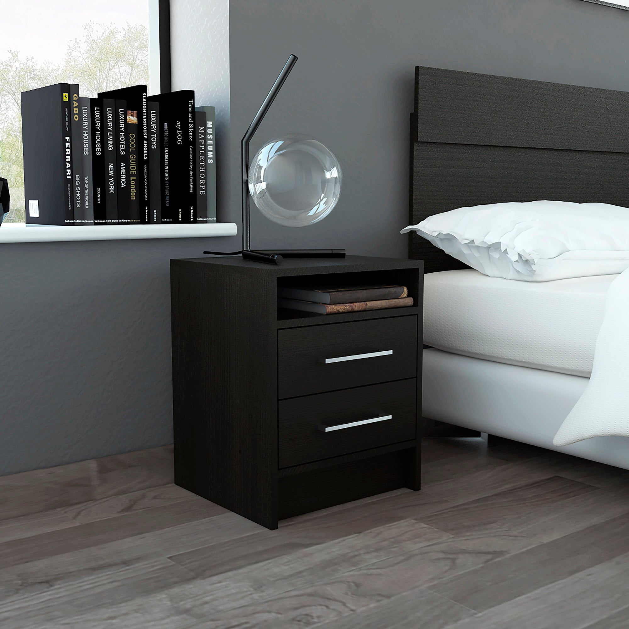 Wenge Nightstand - Modern Bedroom Storage with 2 Drawers & 1 Shelf