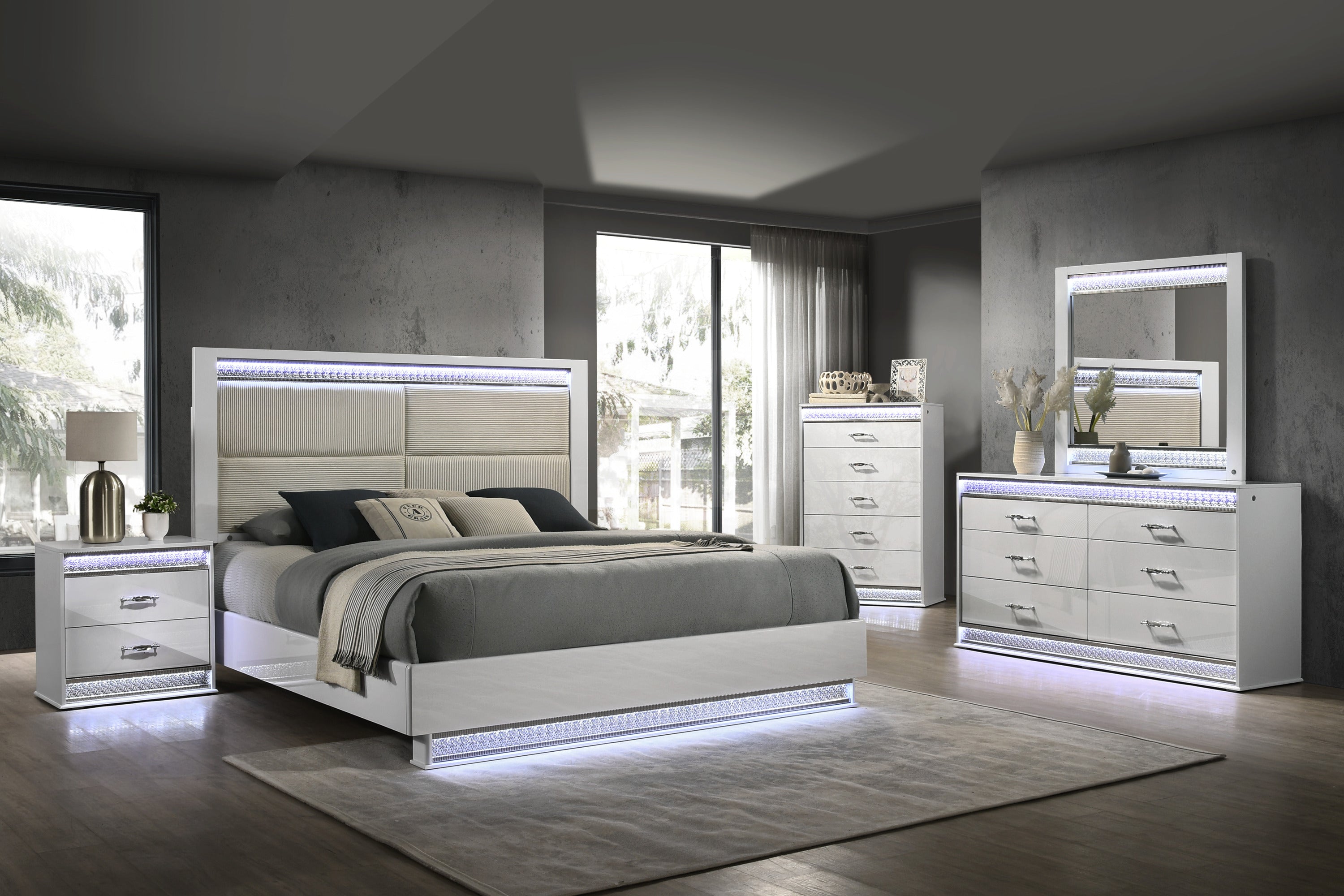 Glam Modern White Queen 5-Pc Bedroom Set w/ LED Headboard Wood