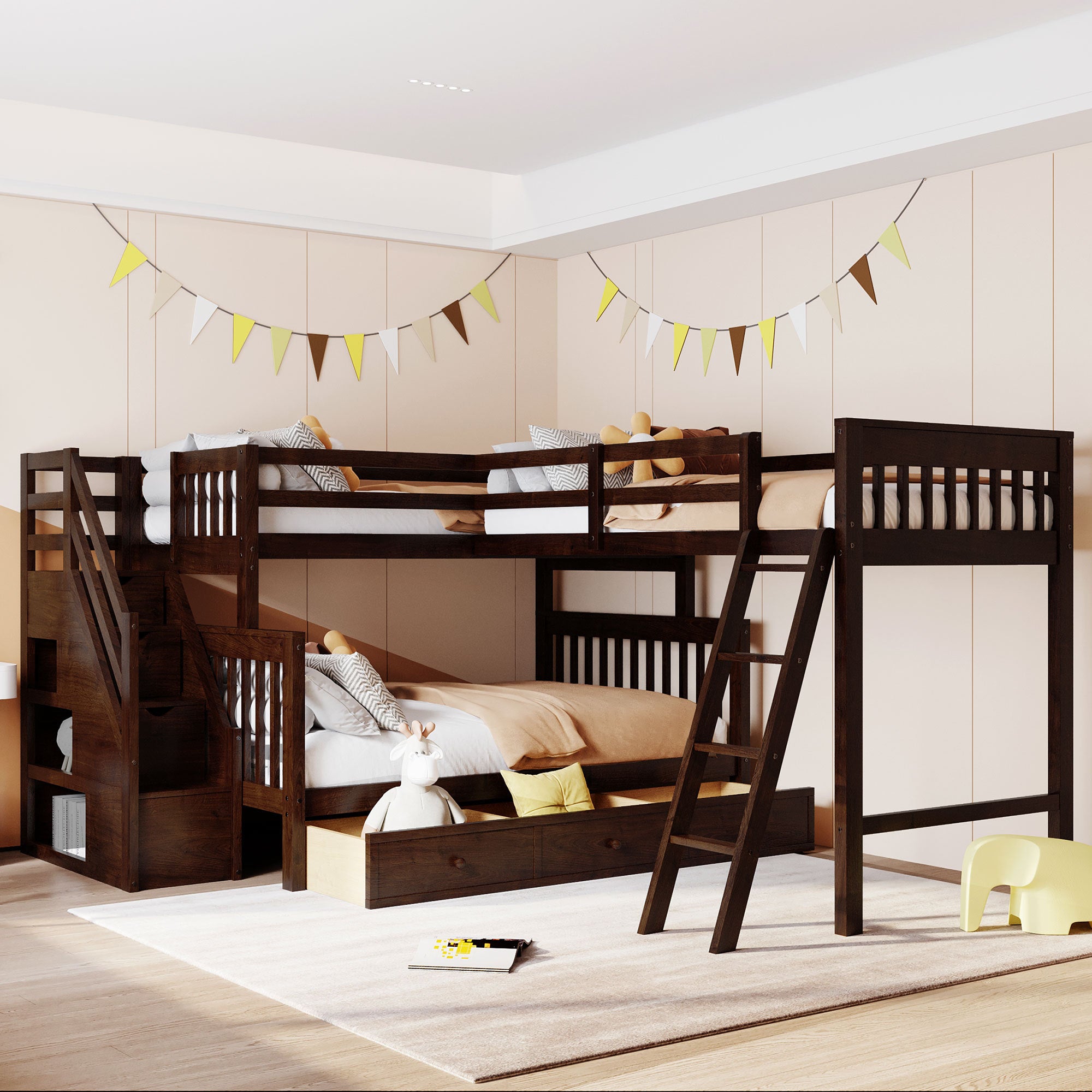 Twin/Full L-Shaped Bunk Bed w/ Storage, Ladder, Stairs - Espresso
