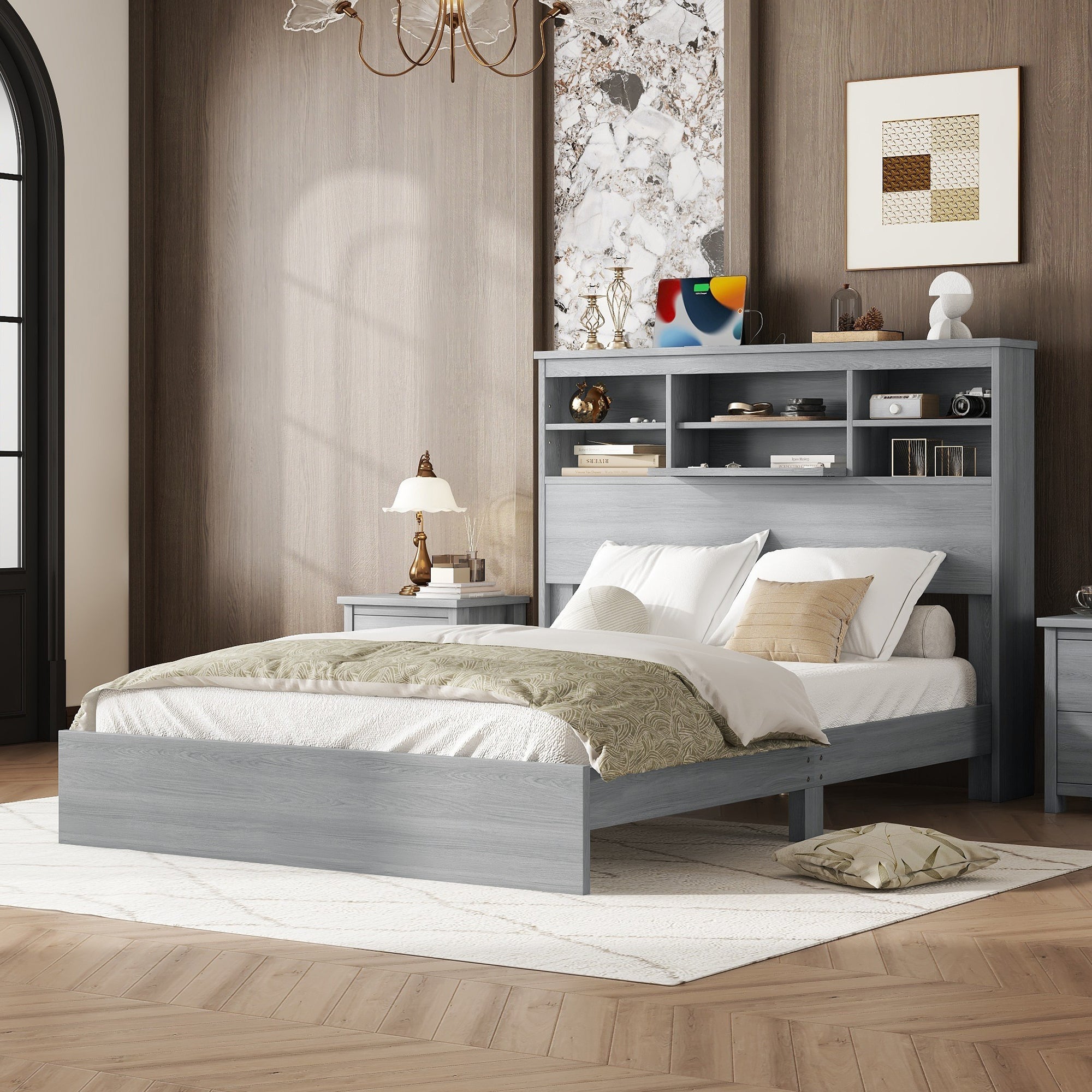 Queen Vintage Platform Bed w/ Storage Headboard & Charging, Gray