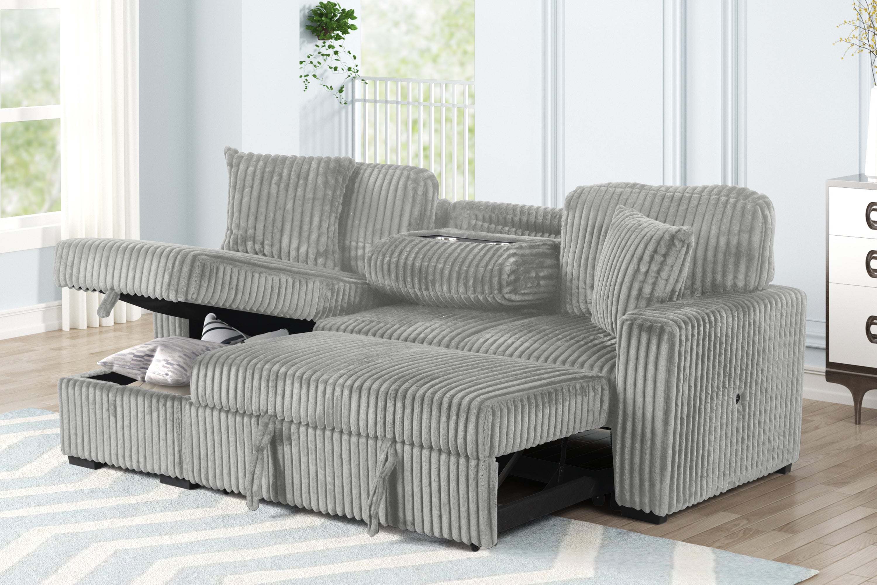 Plush Gray Velvet Sectional Sofa with Pull Out Sleeper
