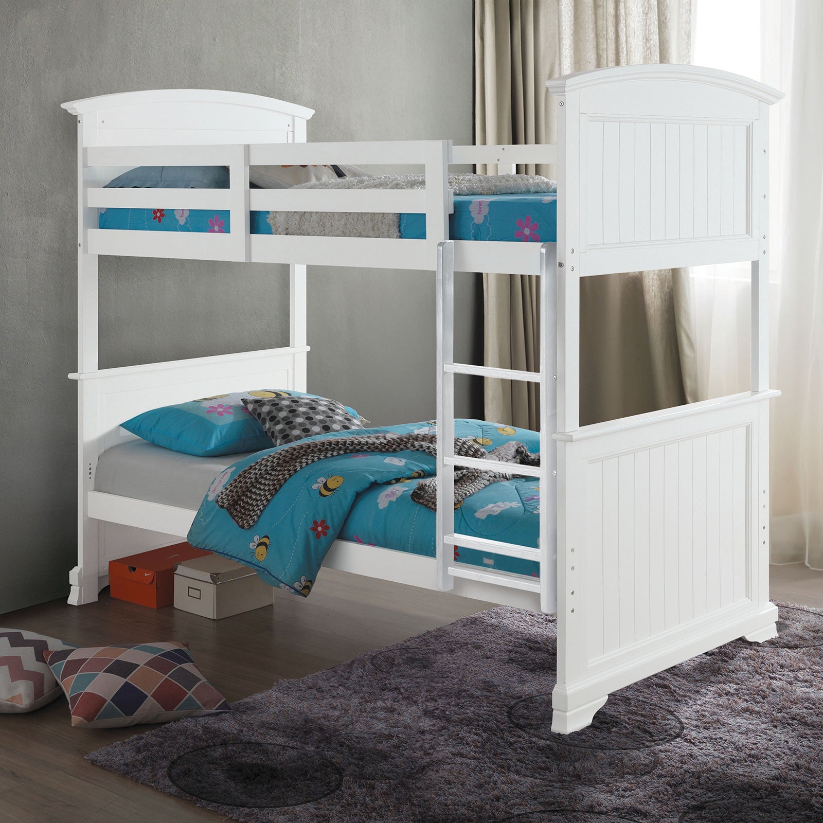 Twin Full Bunk Bed White Finish Plank Style Bracket Feet