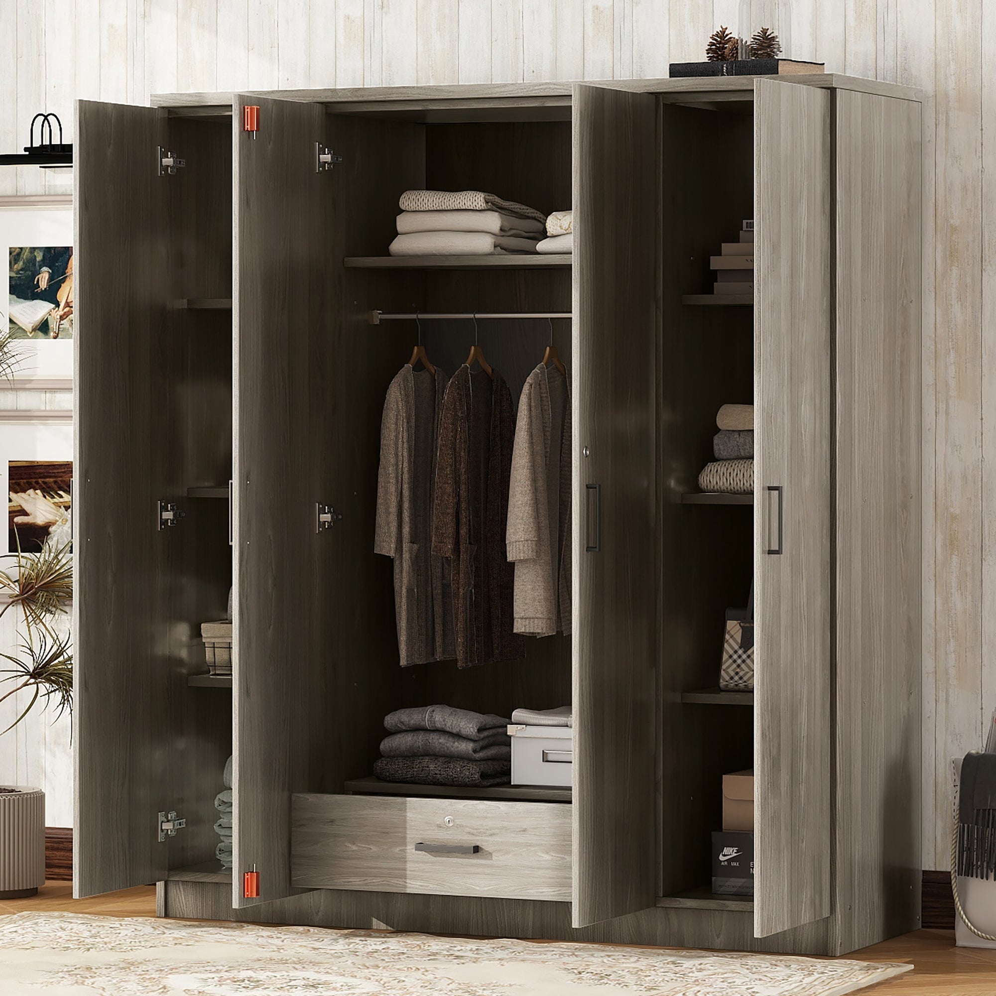 Gray 4-Door Wardrobe with Drawer - Stylish Storage Solution
