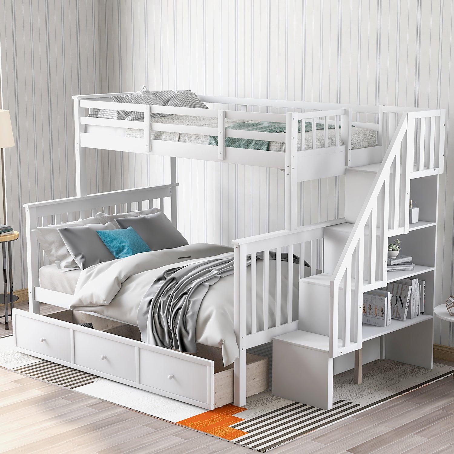 White Stairway Twin Over Full Bunk Bed w/ Storage & Guard Rail - Adults