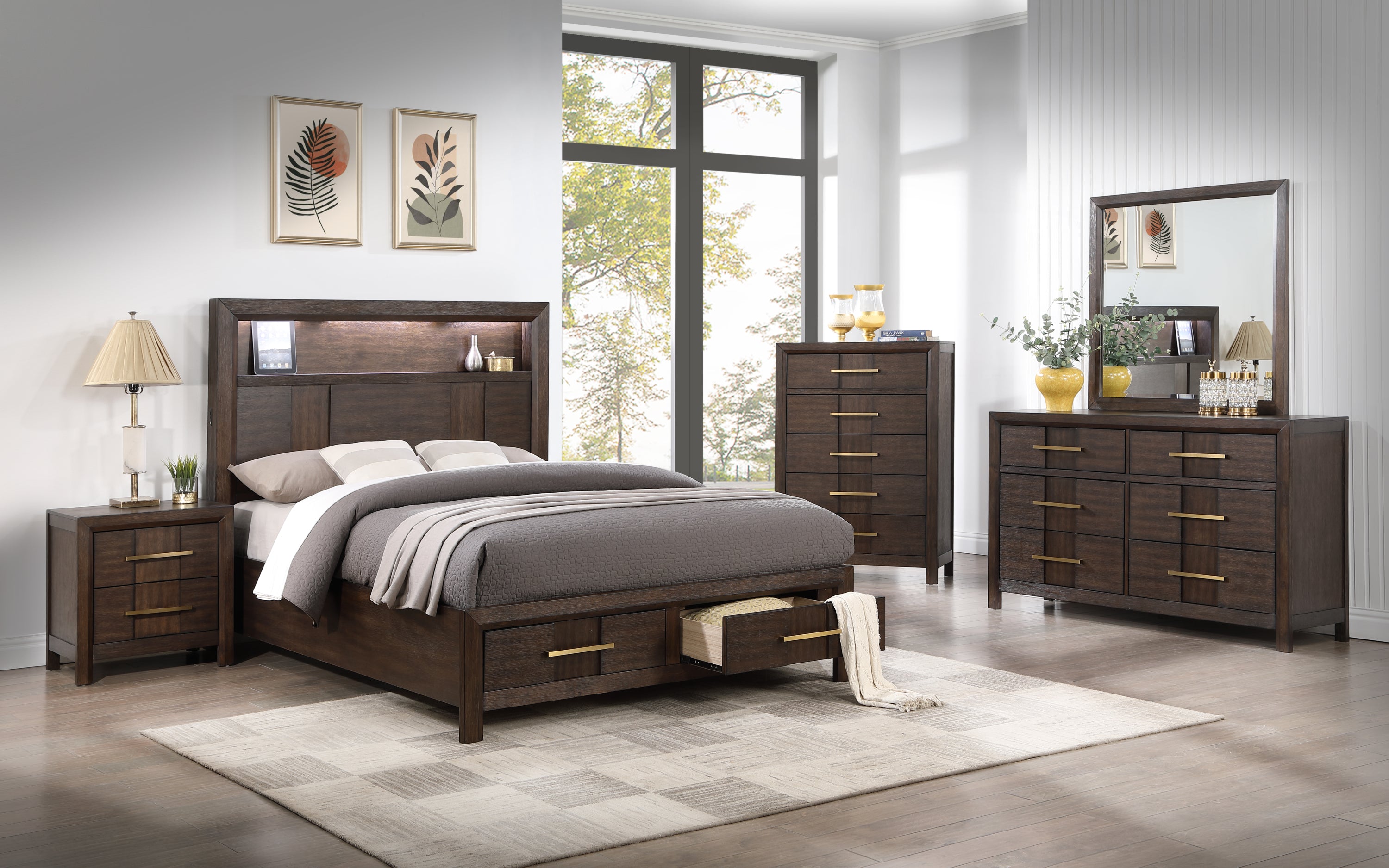 KENZO Modern King 5PC Storage Bedroom Set | LED, USB, Walnut Wood