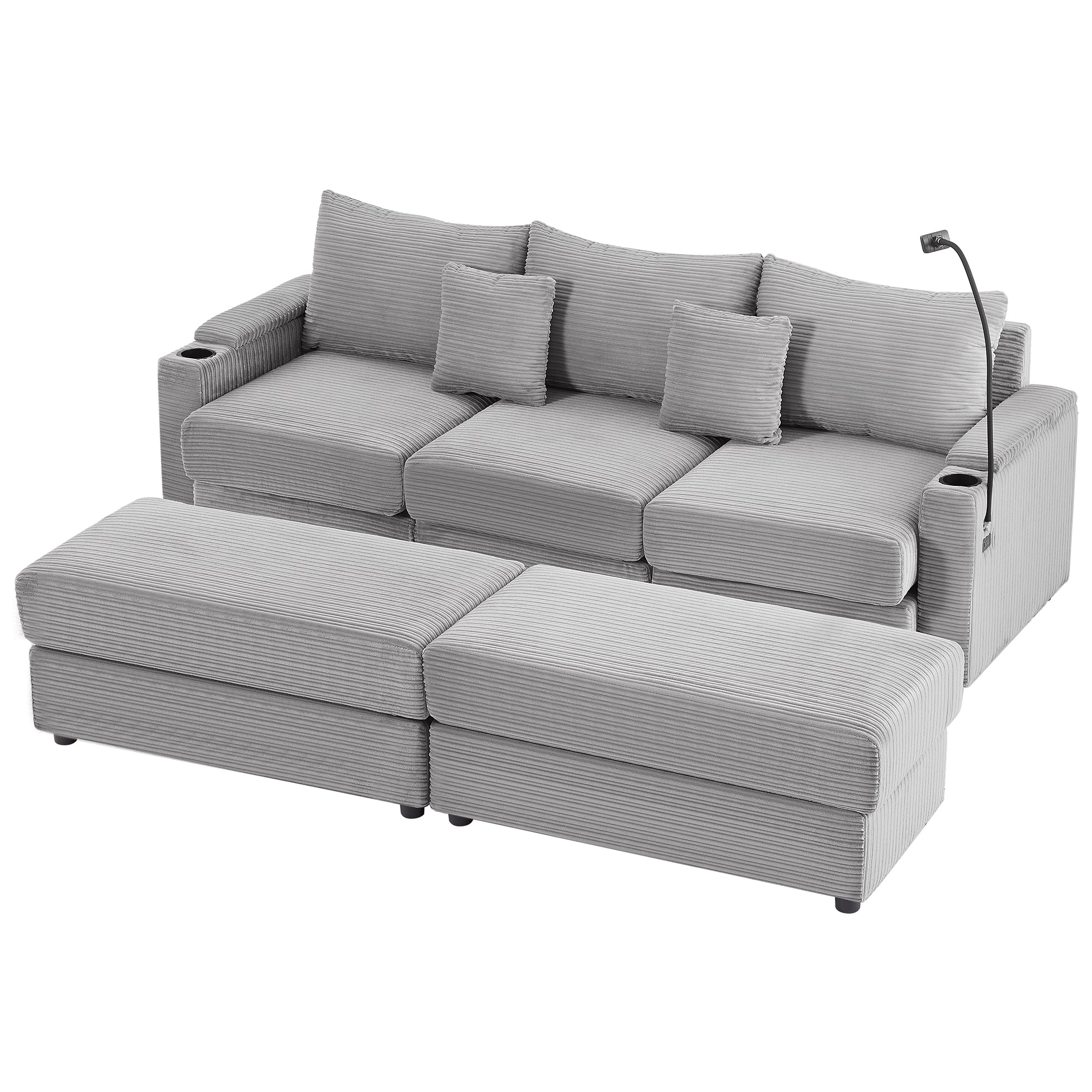 Modern Grey Corduroy 3-Seater Sectional Sofa w/ Storage & USB