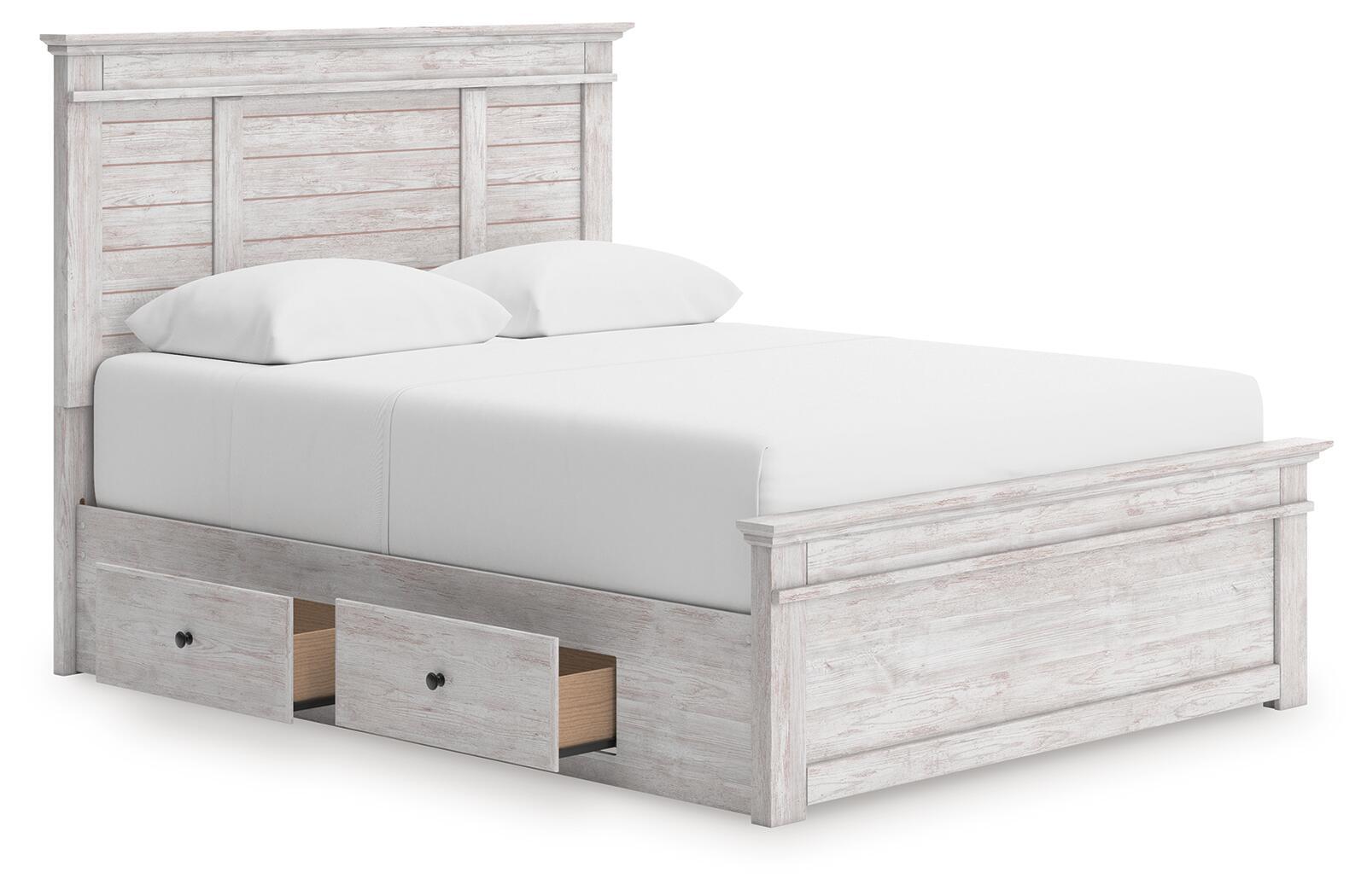 Panel storage bed with white mattress, light gray wood frame, open drawer storage compartment