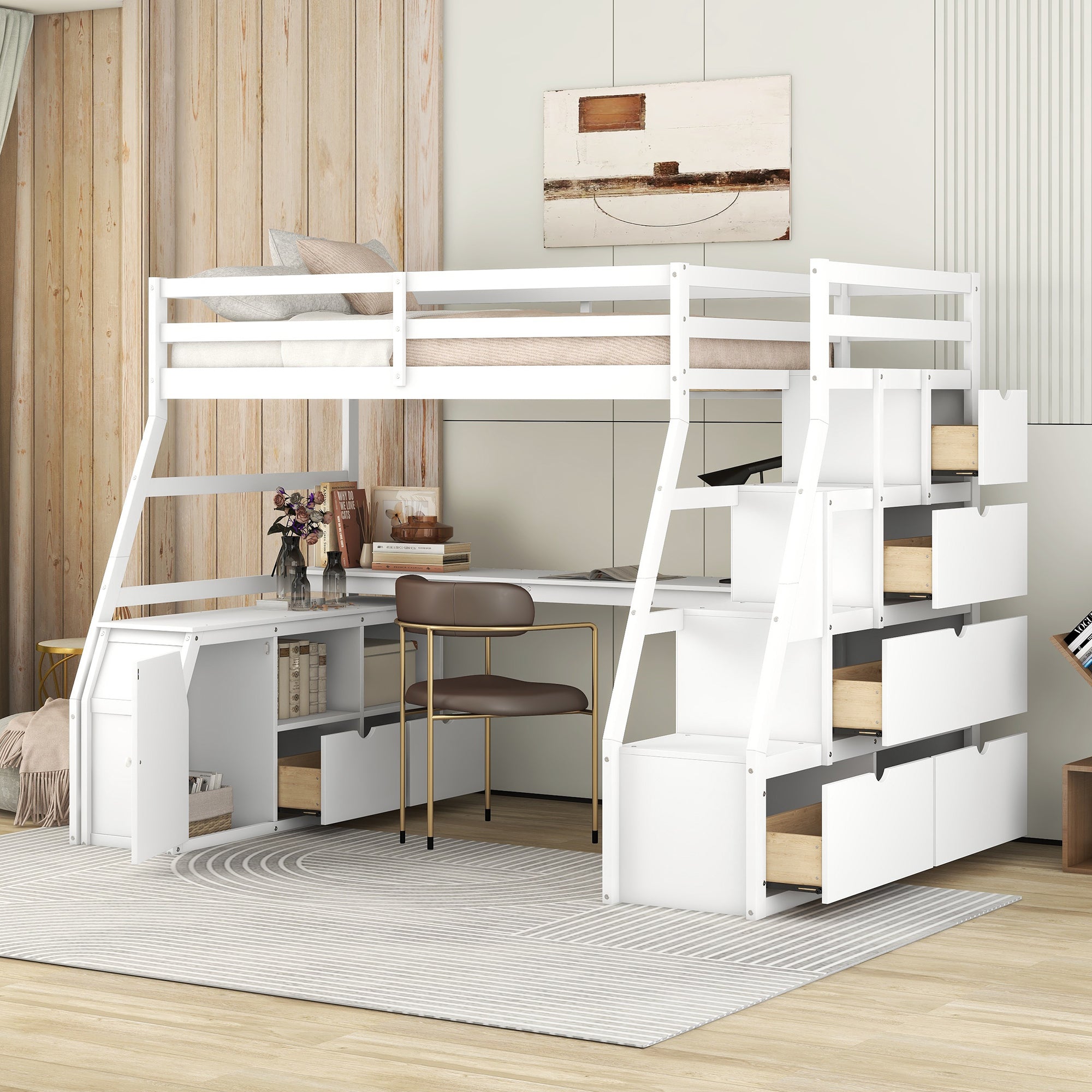 White Twin Loft Bed with Desk & Storage Drawers, Shelves