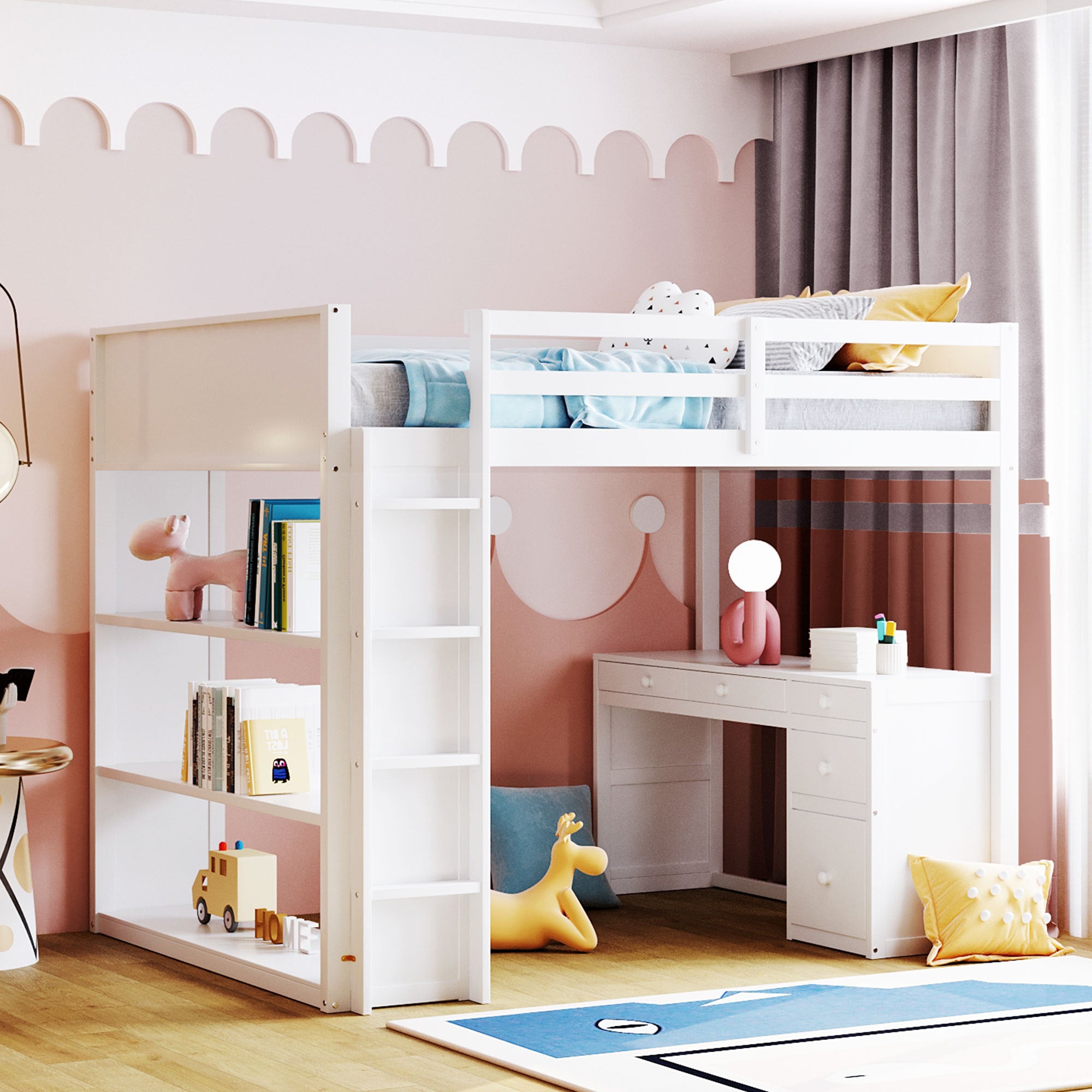 Space-Saving White Full Size Loft Bed w/ Desk, Ladder & Shelves
