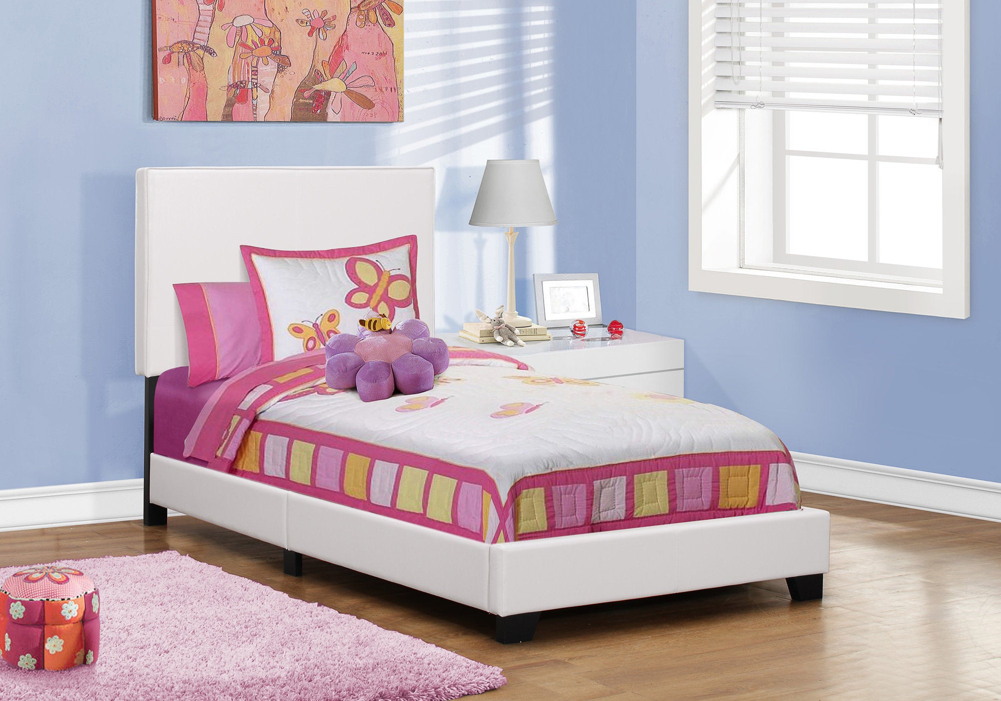 White Upholstered Twin Bed, Leather Look, Transitional Style