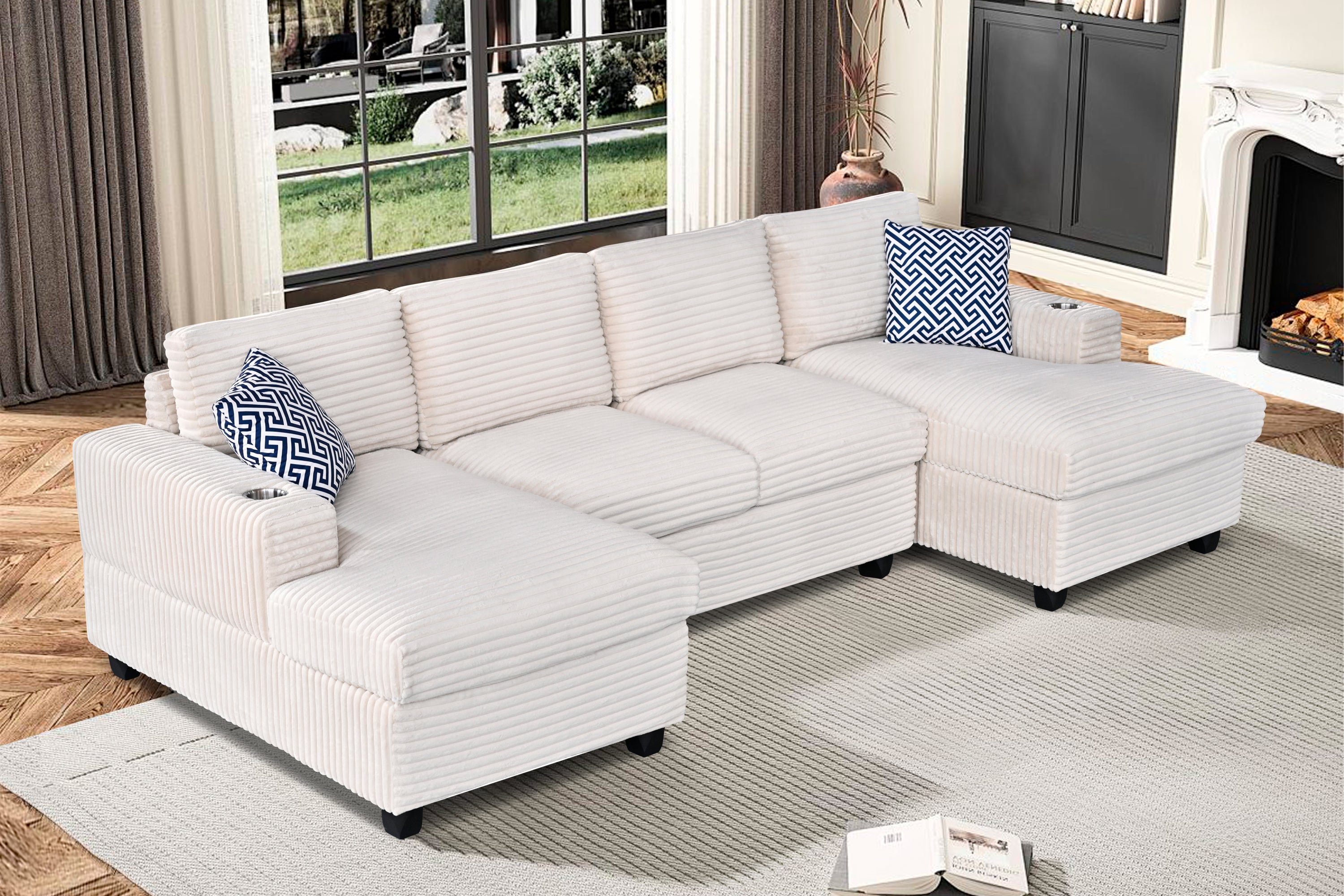 Modular L-Shaped Corduroy Sofa: Cup Holders & Dual Chaise