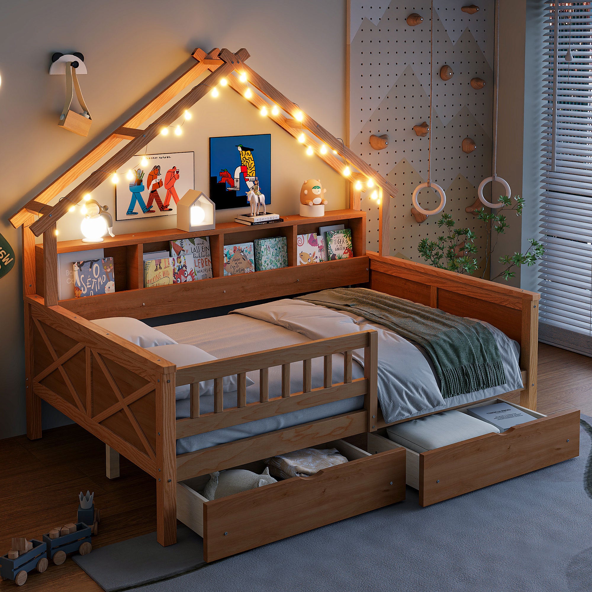 Natural Wood Full Size House Platform Bed LED Storage Drawers Guardrail