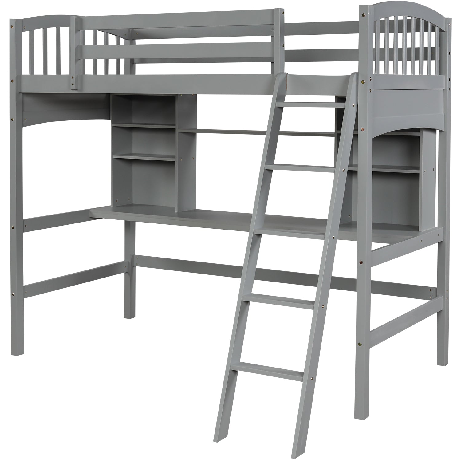Gray Solid Wood Twin Loft Bed with Desk, Storage & Ladder