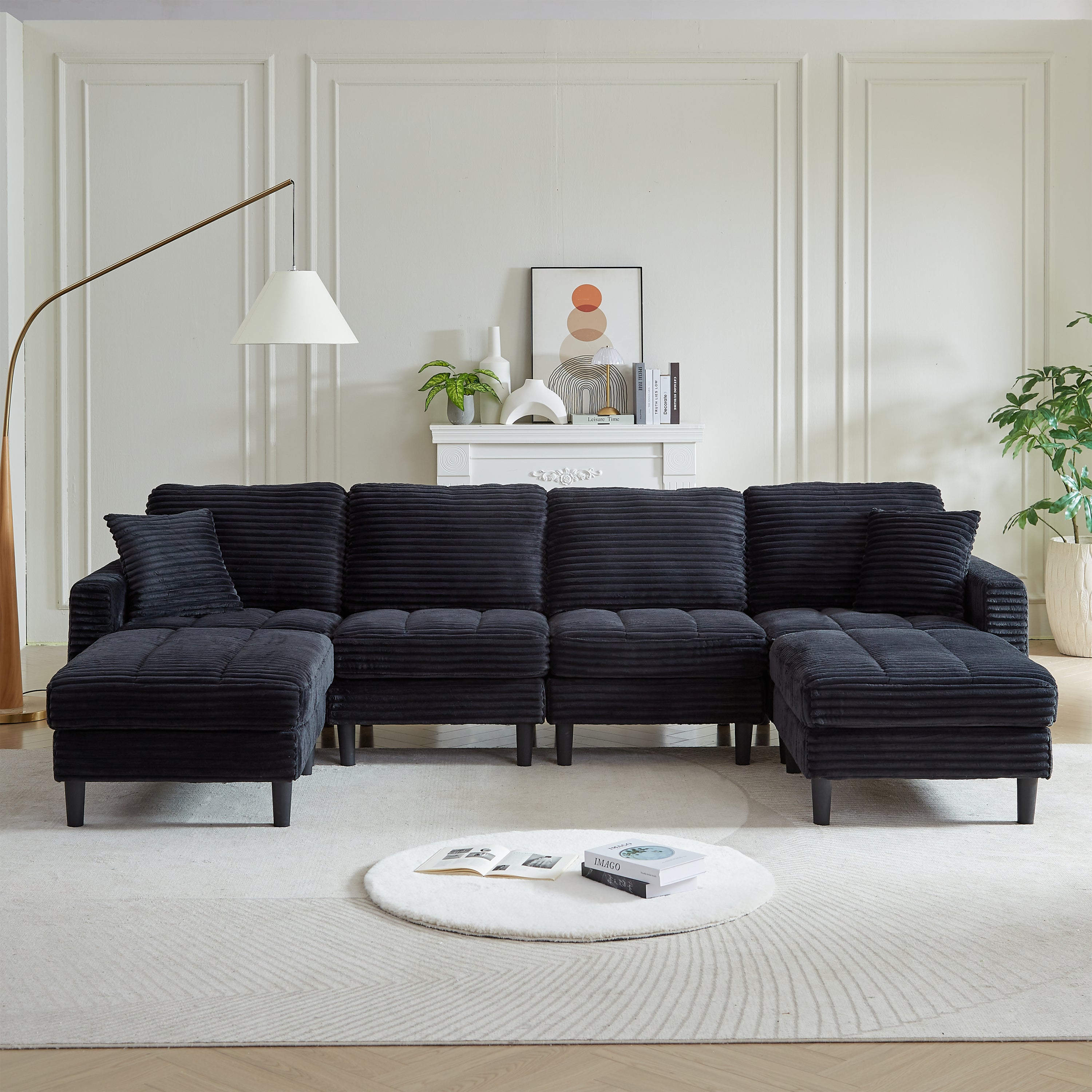 Oversized U-Shaped Modular Corduroy Sectional Sofa Black