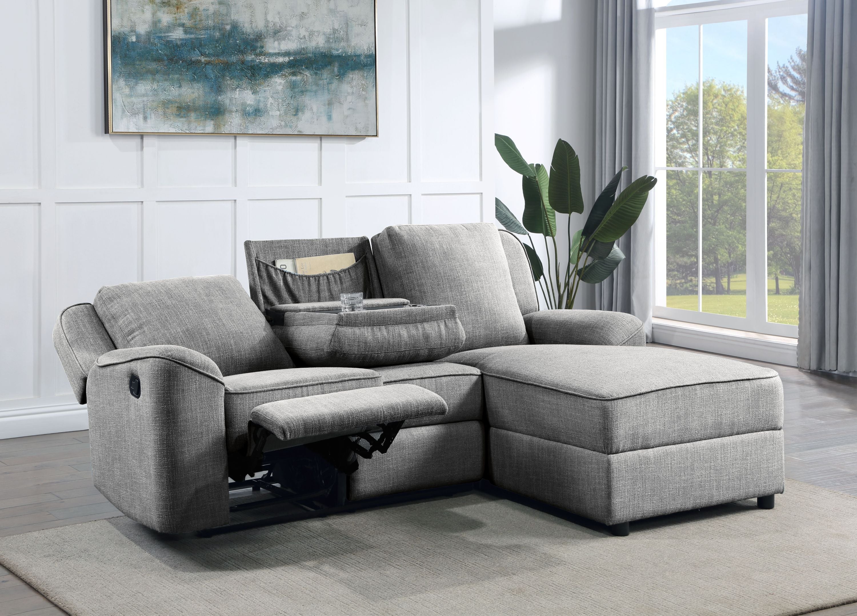 Destiny Gray Linen Sectional Sofa with Dropdown Table