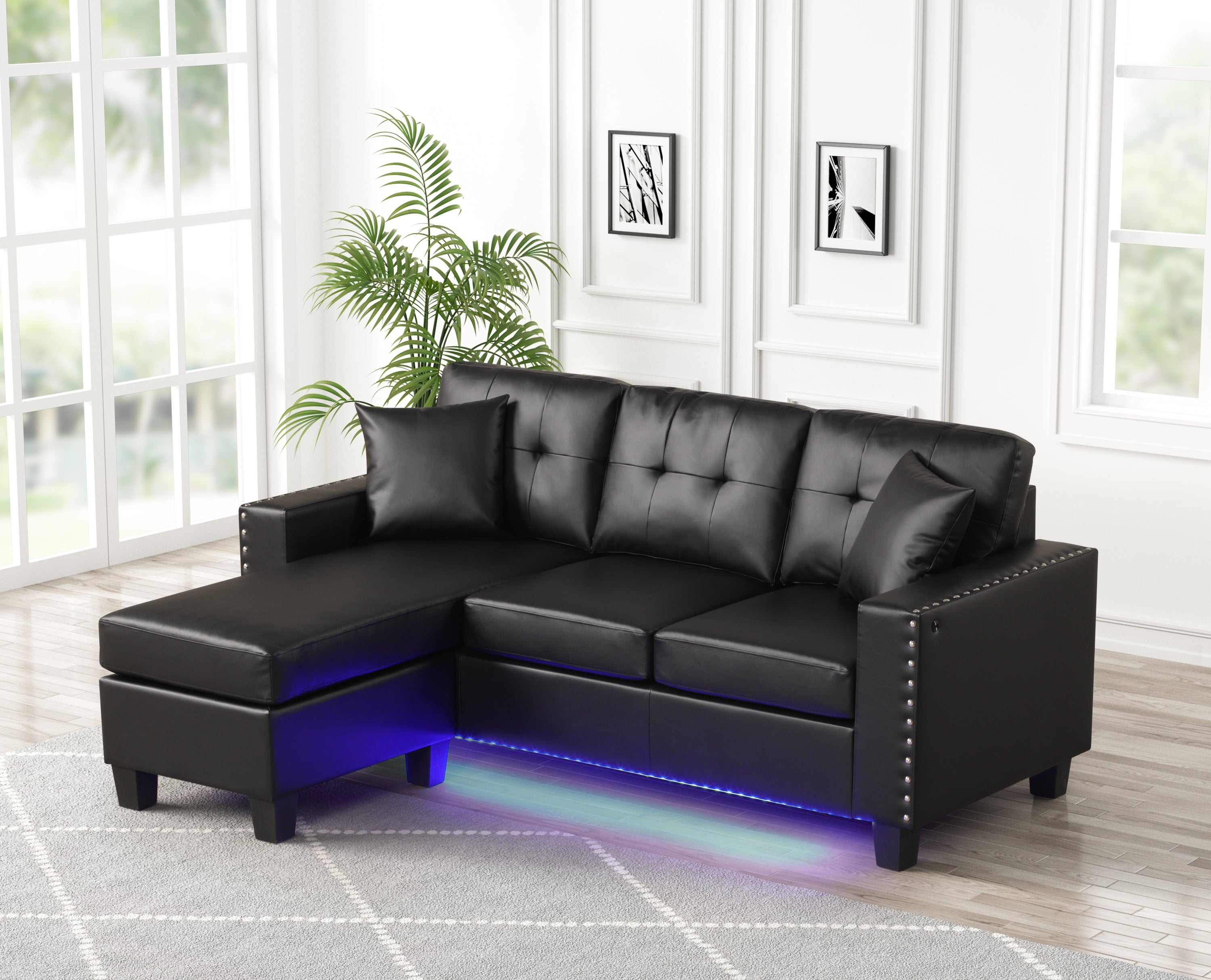 Sorenza 74" Black PVC Reversible Sectional Sofa Chaise LED USB