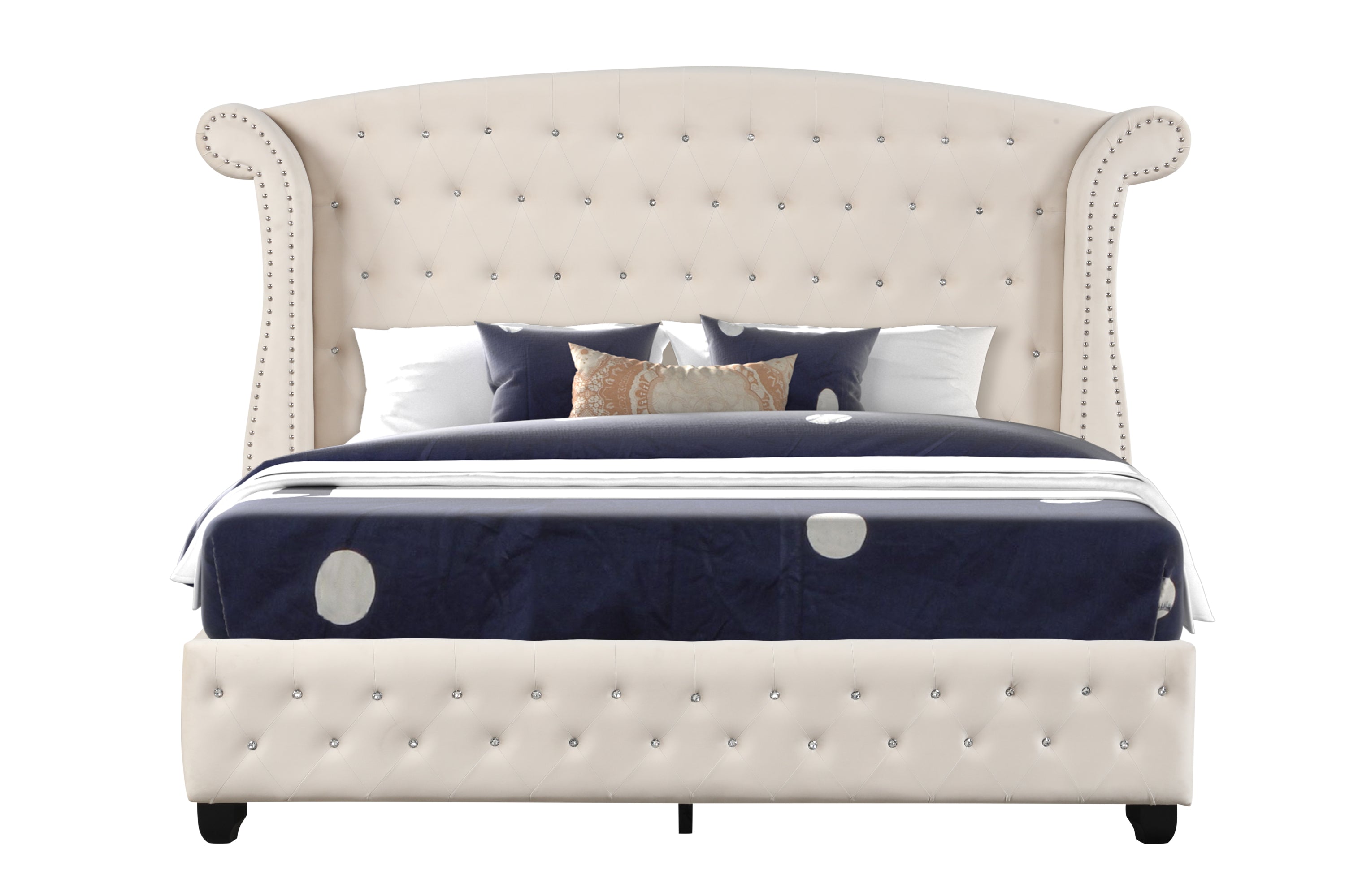 Sophia Crystal Tufted Queen Bed - Cream Wood Frame