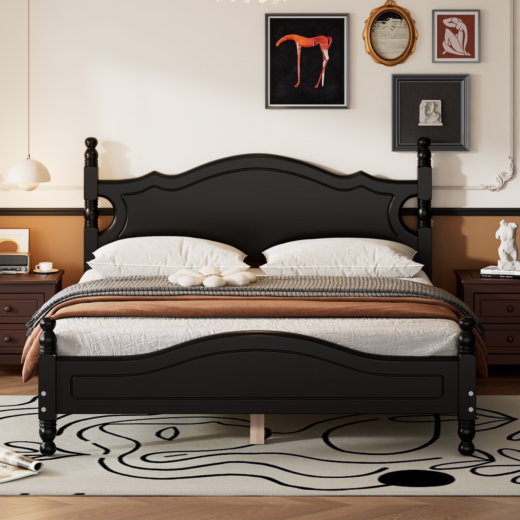 Queen Size Black Retro Wood Platform Bed Frame with Slat Support