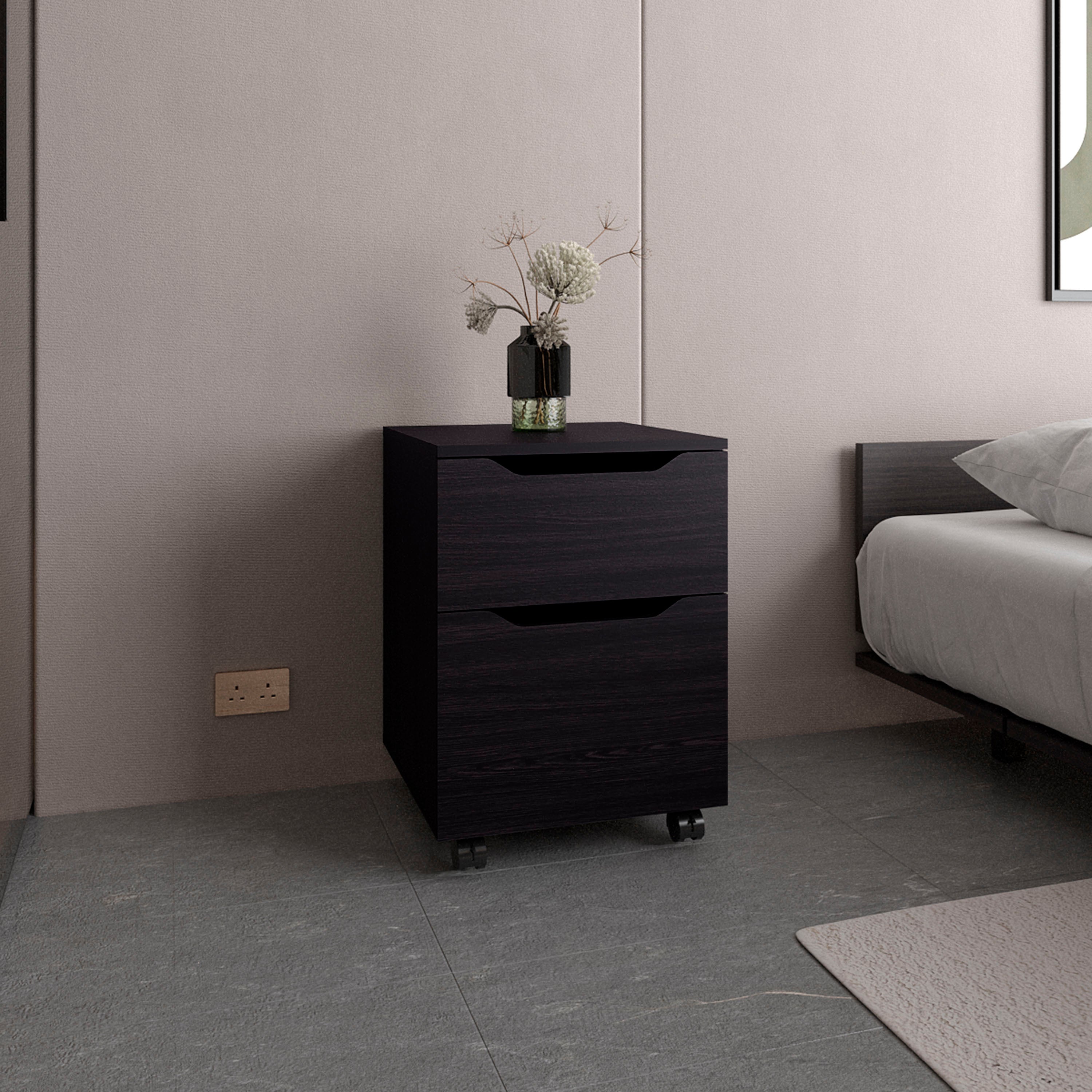 Black Modern Nightstand: Ethan Open Shelves & Door Bedside Table