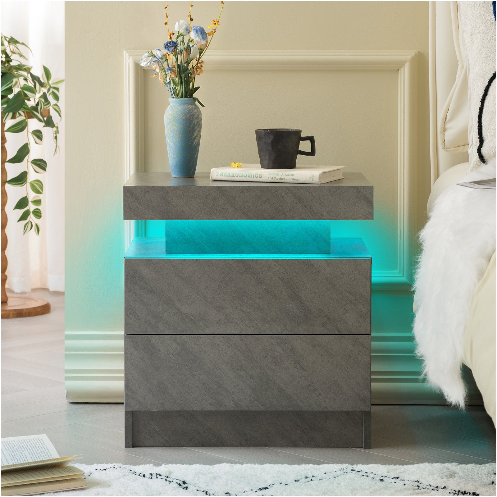 Modern Deep Gray LED Nightstand Bedside End Table with 2 Drawers