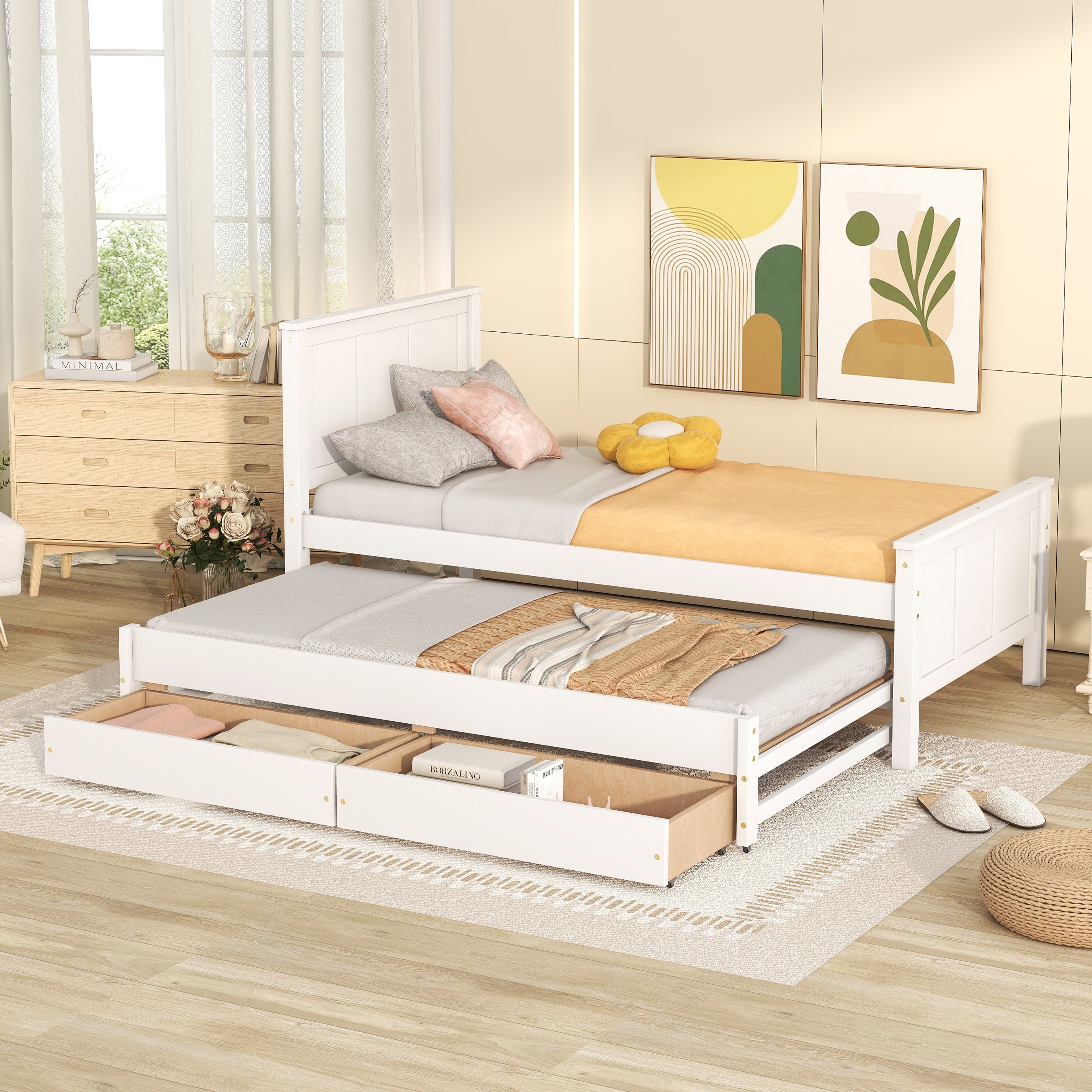 White Twin Platform Bed with Trundle & Storage Drawers