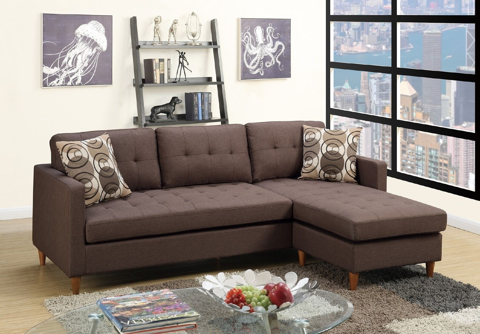 Chocolate Polyfiber Modular Sectional Sofa Reversible Chaise