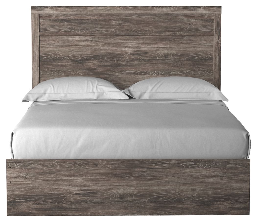 Dark gray wood panel bed with rectangular headboard, centered gray mattress and pillows