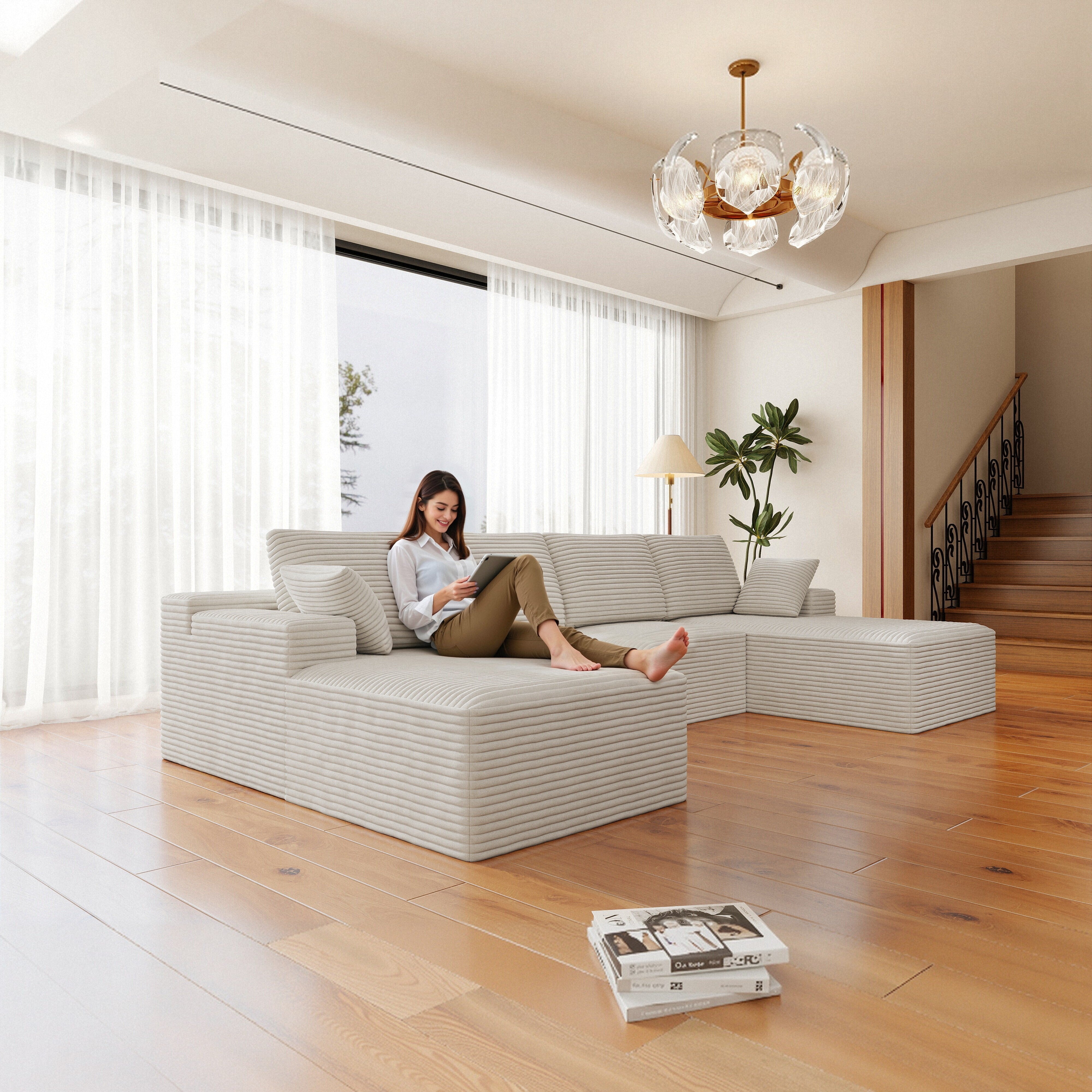 131.9"x68.9" White Plush Corduroy Modular Sectional Sofa
