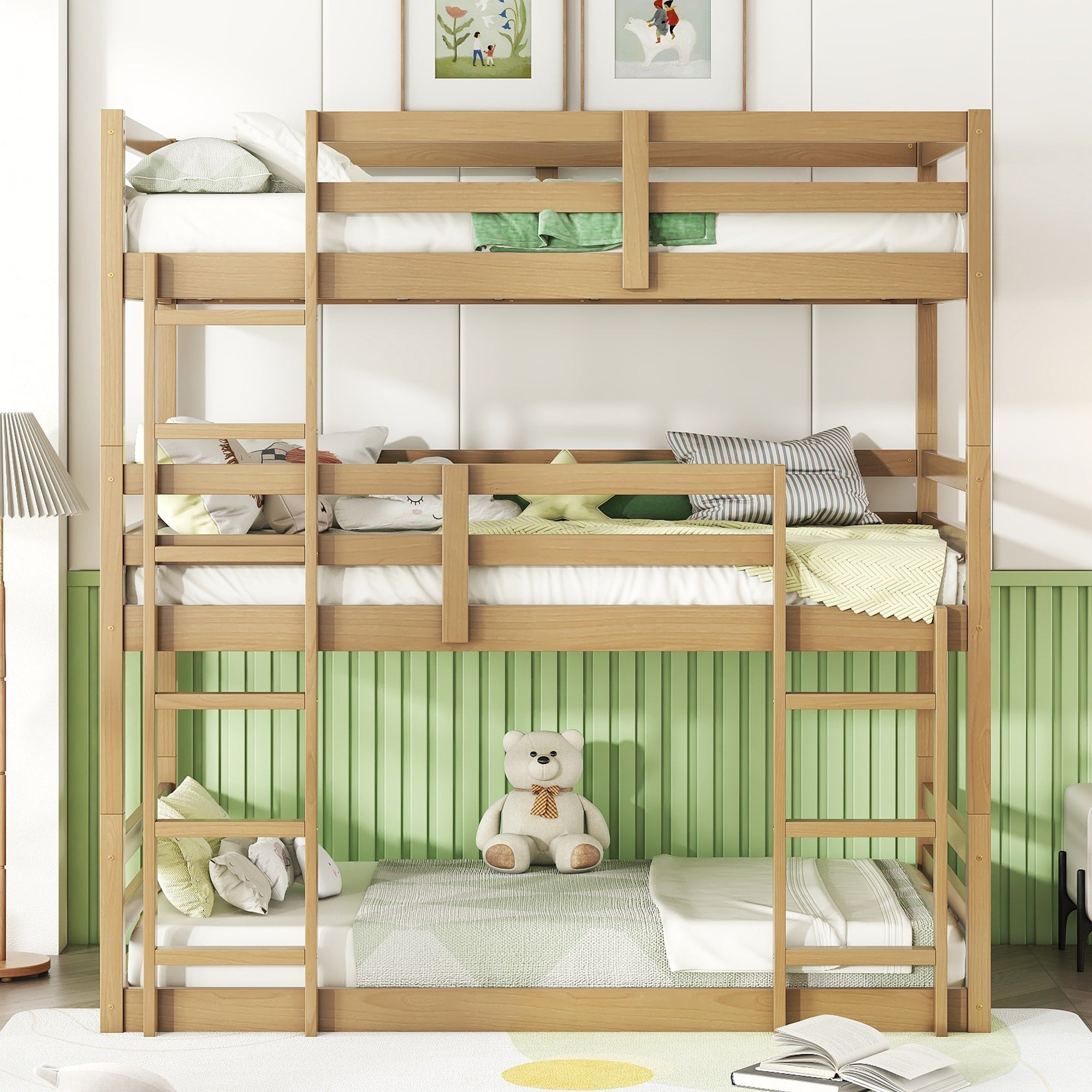 Twin over Twin over Twin Bunk Bed | Rubber Wood, Ladders, Guardrails