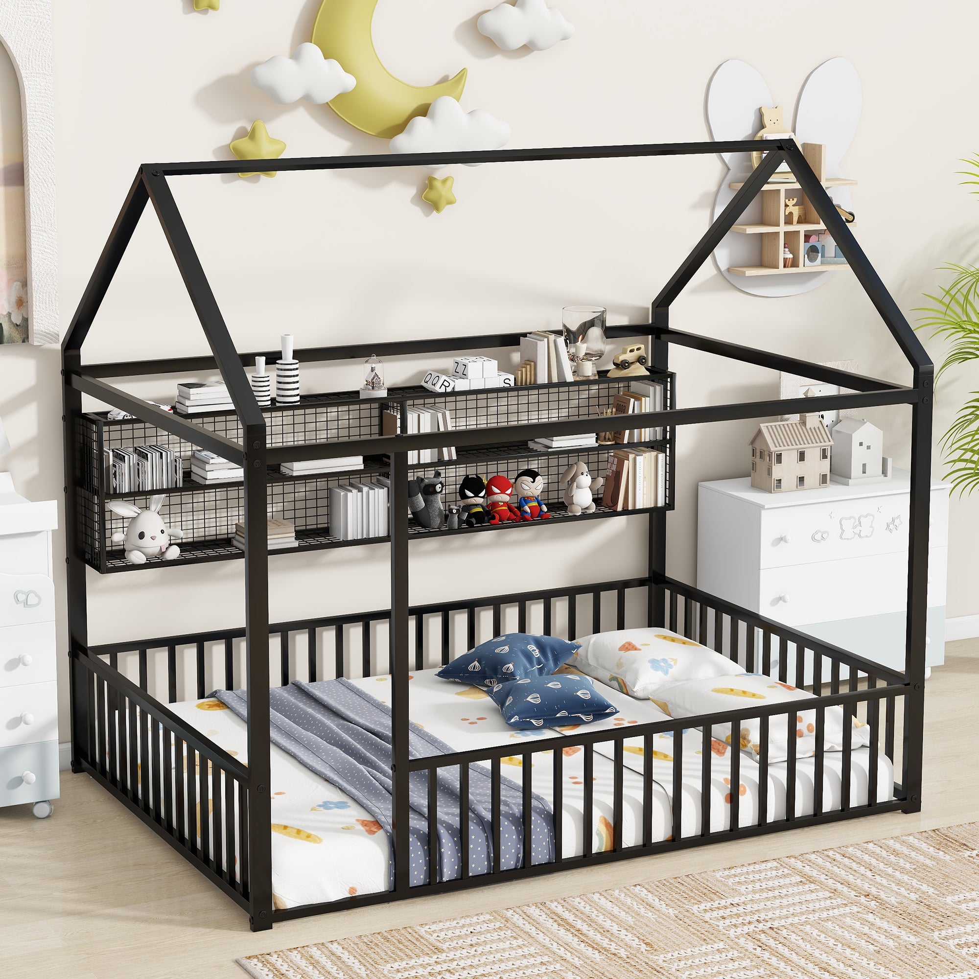 Full Size Metal House Bed Frame with Fence, Shelves - Black
