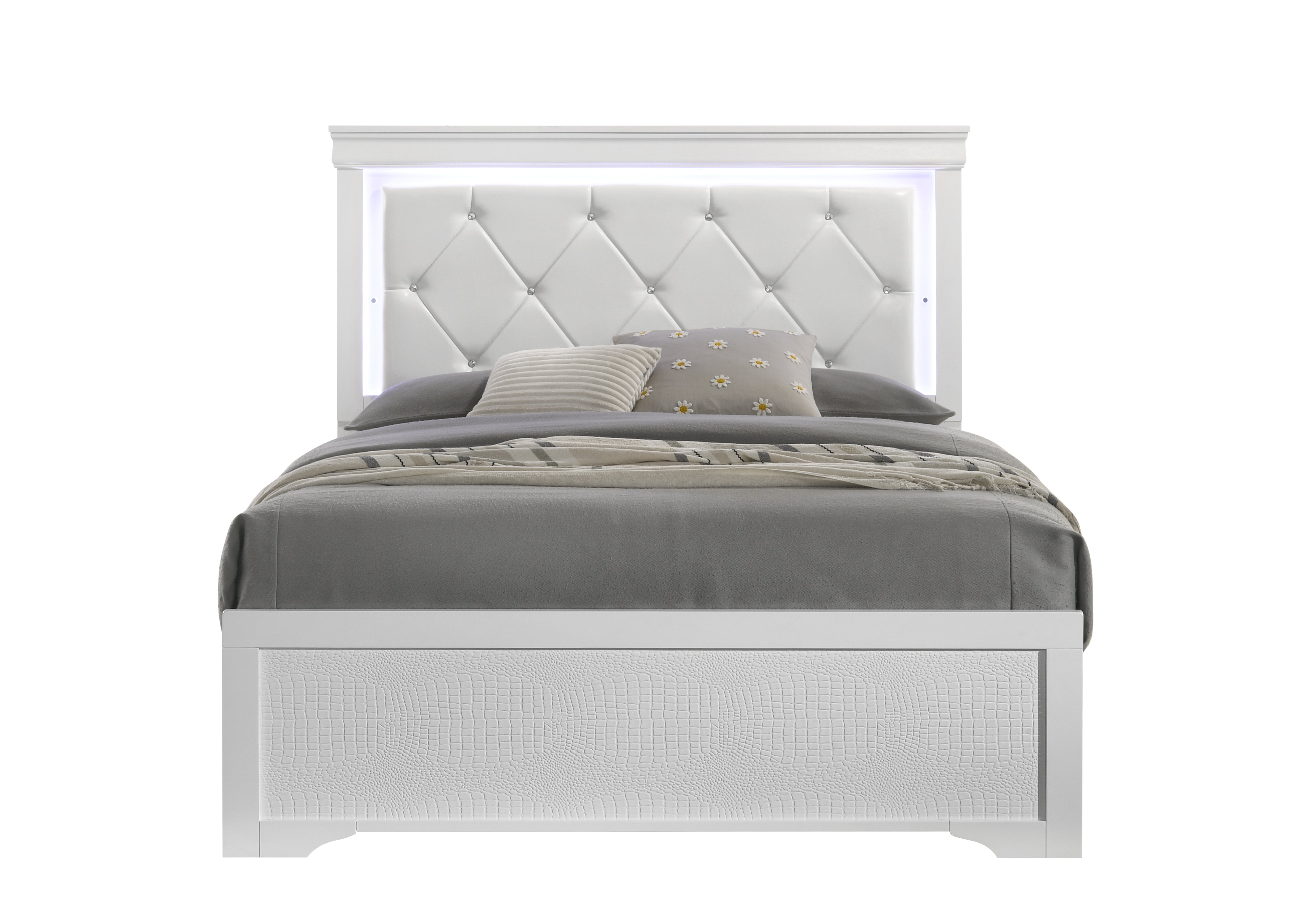 Blaze Modern Twin Bed: Upholstered LED Headboard, White Wood Frame
