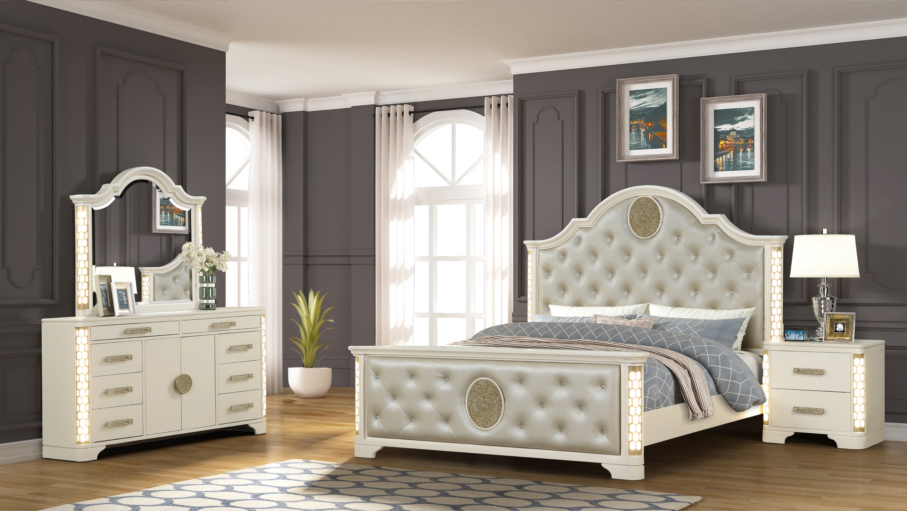Jasmine Queen 4-Pc LED Wood Bedroom Set | Modern Beige Furniture
