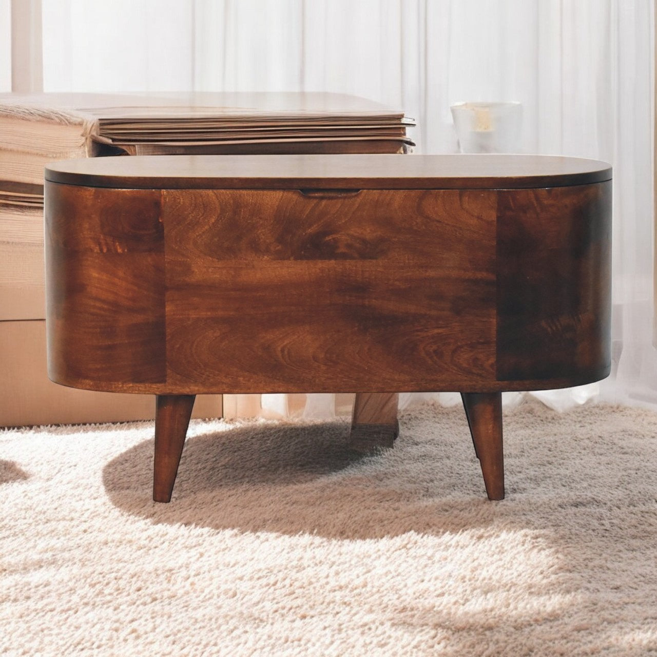 Curved Walnut Blanket Box, Solid Wood, Nordic Legs