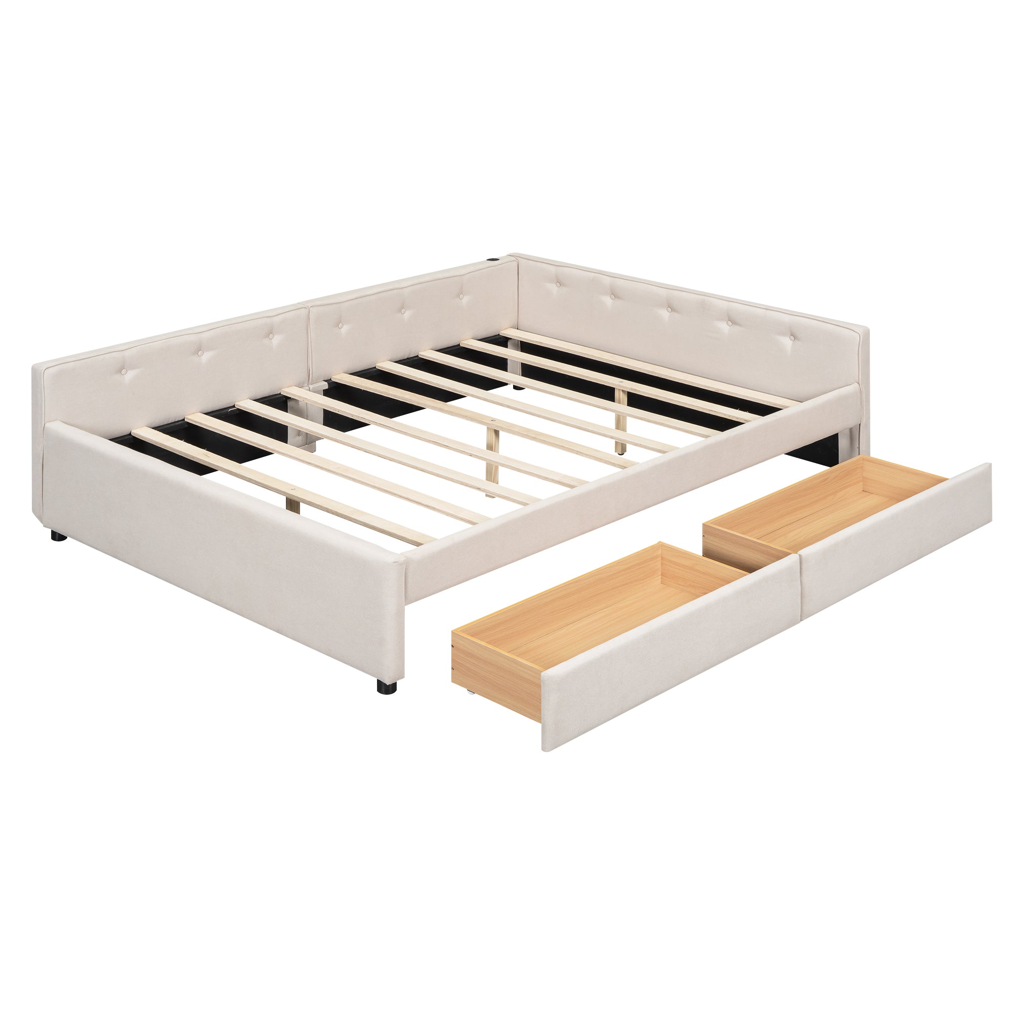 Modern Beige Queen Upholstered Platform Bed w/ USB & Storage