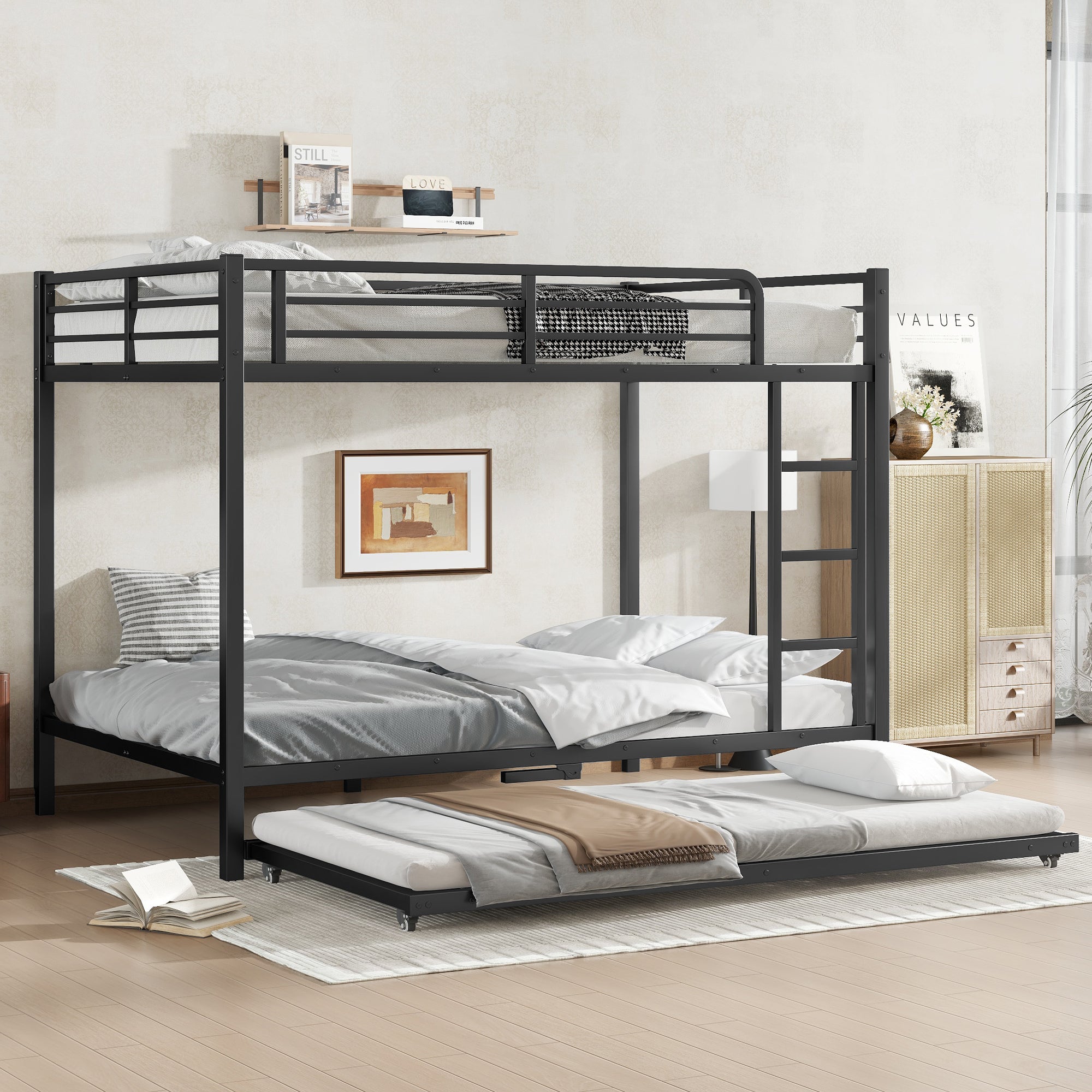 Black Full over Full Metal Bunk Bed with Trundle