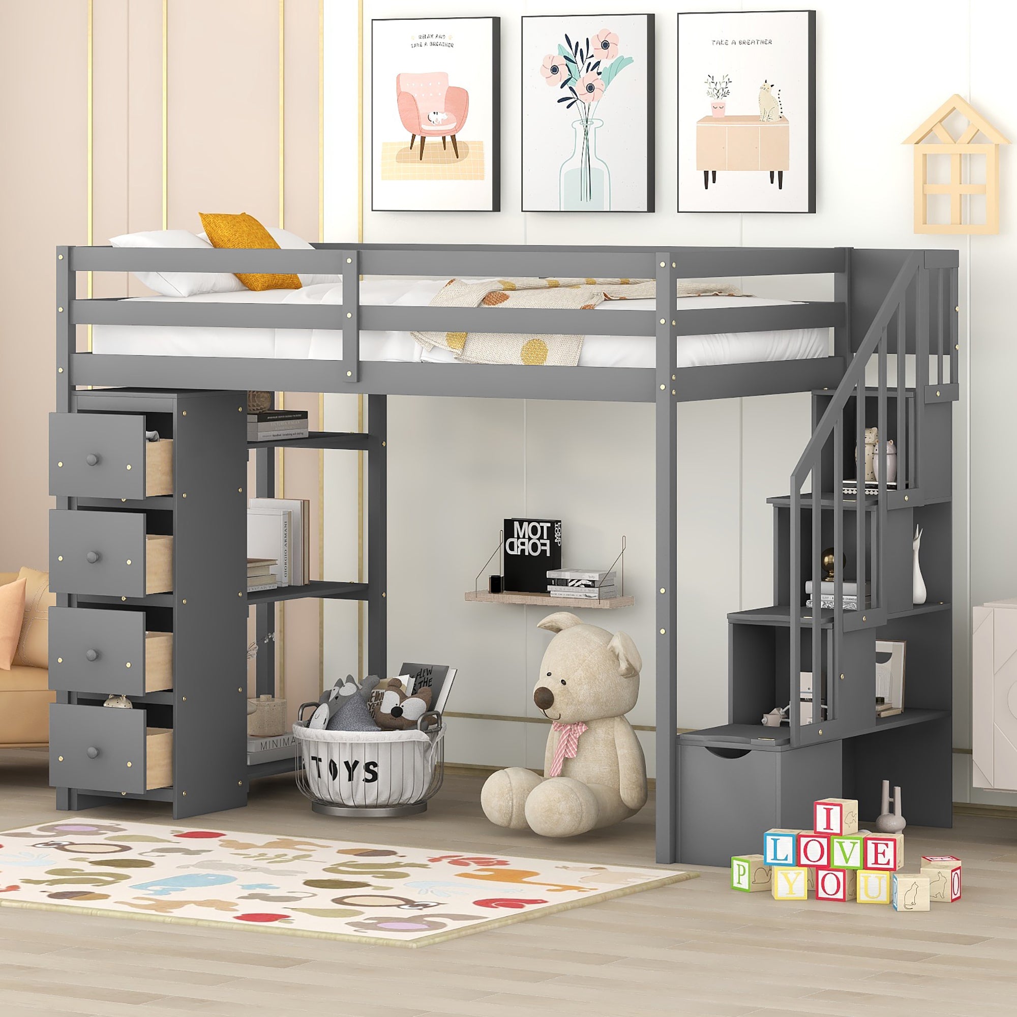 Twin Loft Bed with Storage, Stairs, & Shelves - Gray Wooden