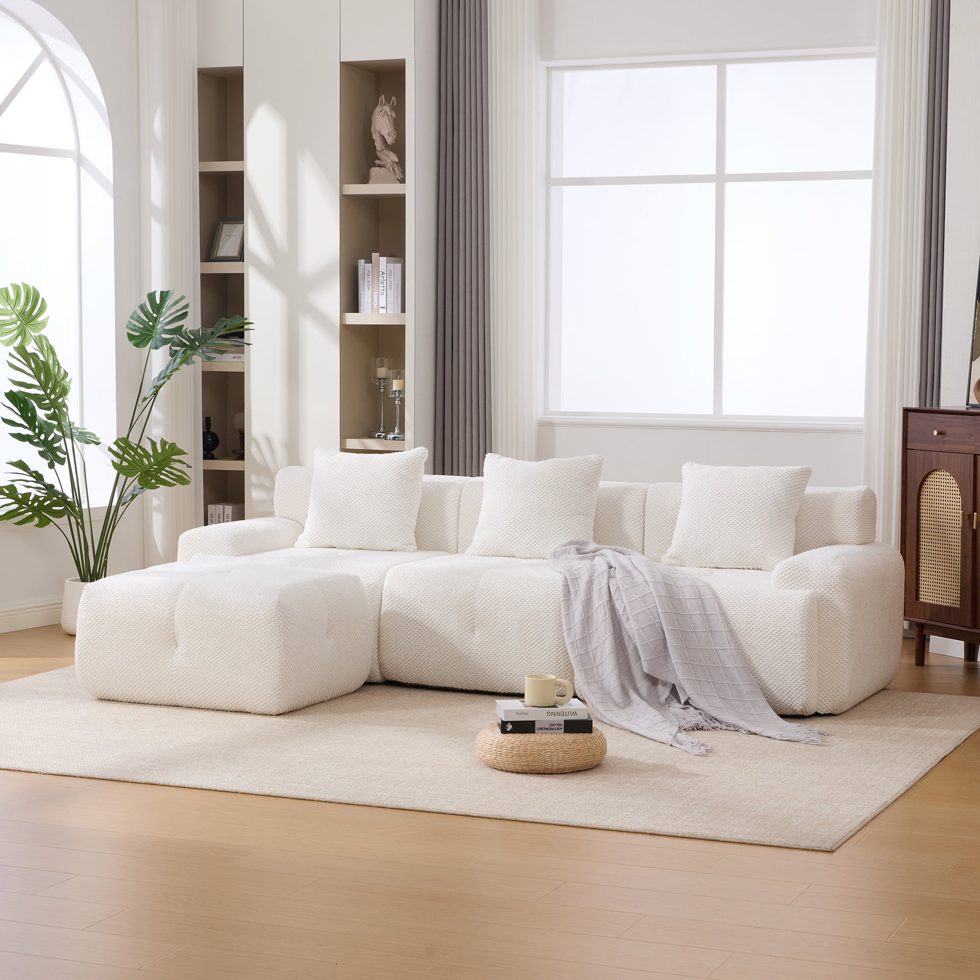 Oversized L-Shaped Convertible Sectional Sofa w/ Ottoman Ivory