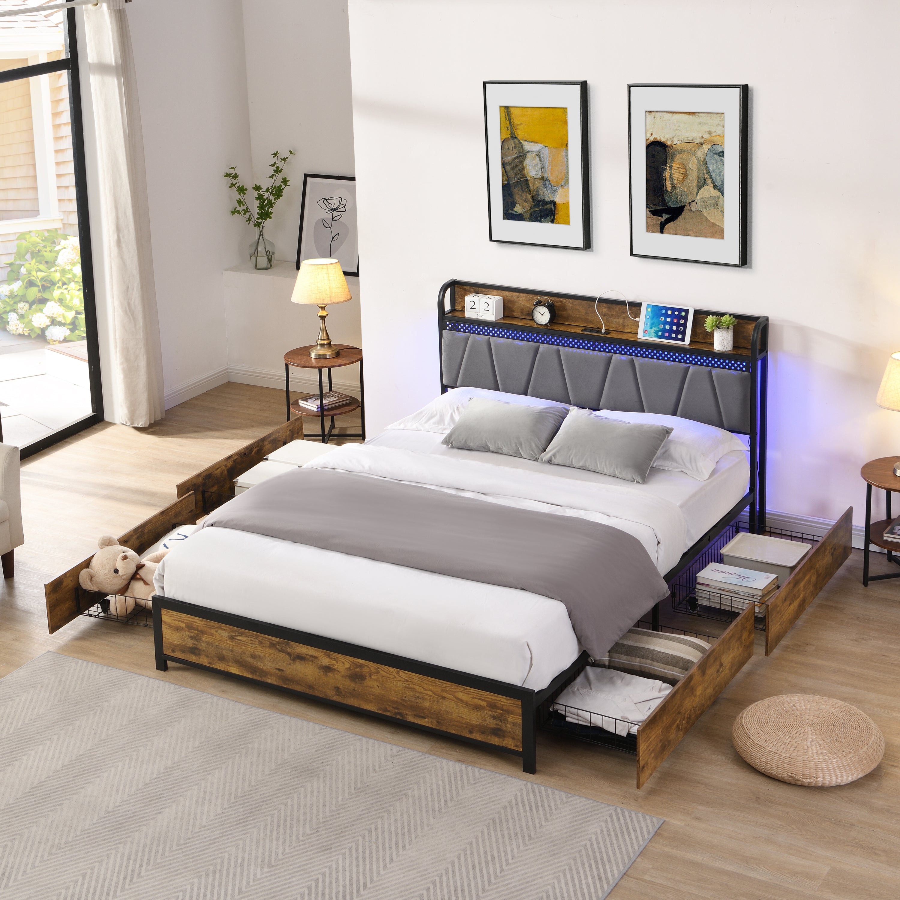 Full Size Bed Frame with Storage, LED, Charging, Drawers - Brown/Gray