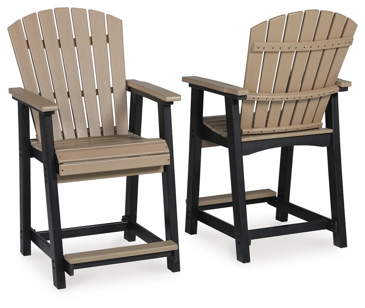 Outdoor barstool set of 2, slatted backs and seats, black legs with footrest