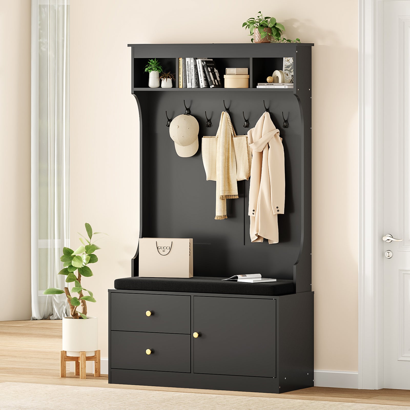 Entryway Hall Tree with Bench, Shoe Storage & 7 Hooks